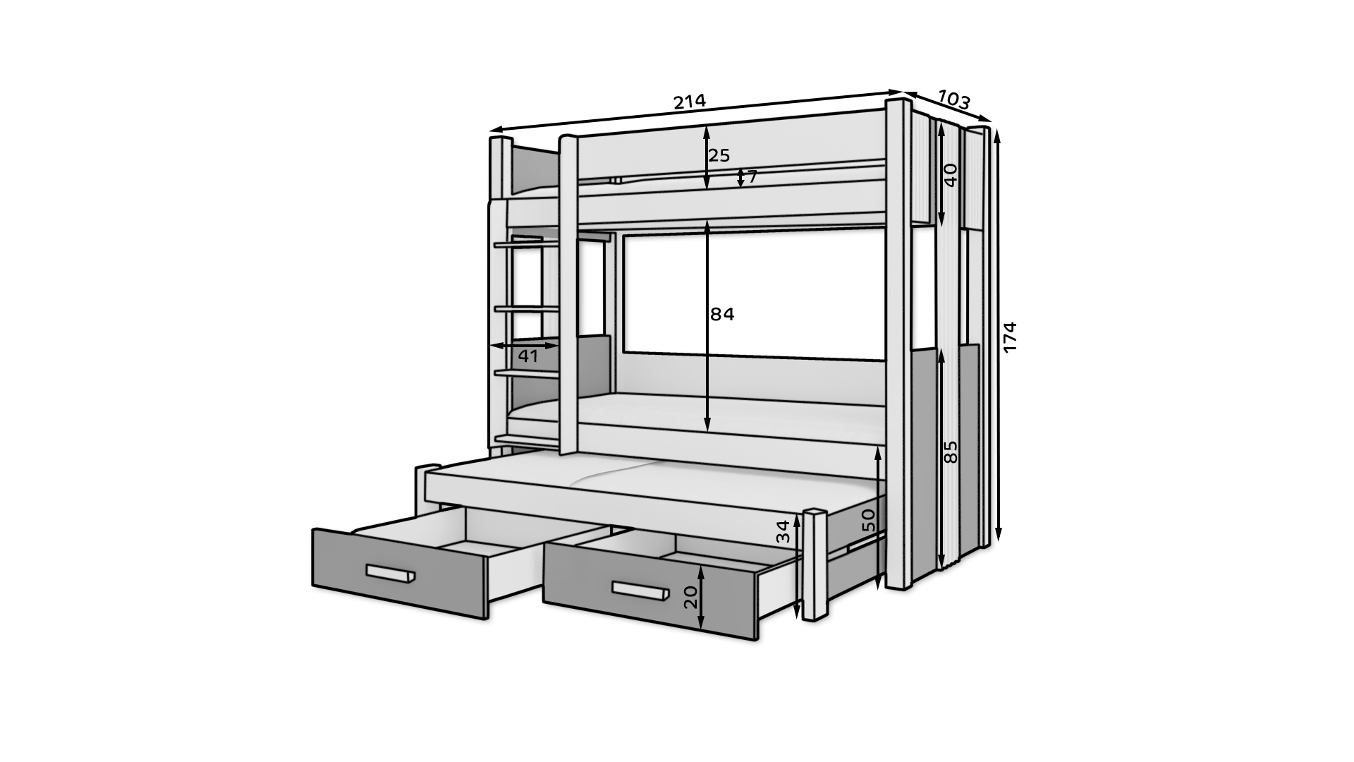 Emeletes ágy Ágy emeletes három személyes ARTEMA 200x90 matraccal - Fehér Emeletes ágy Ágy emeletes három személyes ARTEMA 200x90 matraccal - Fehér - Image 3