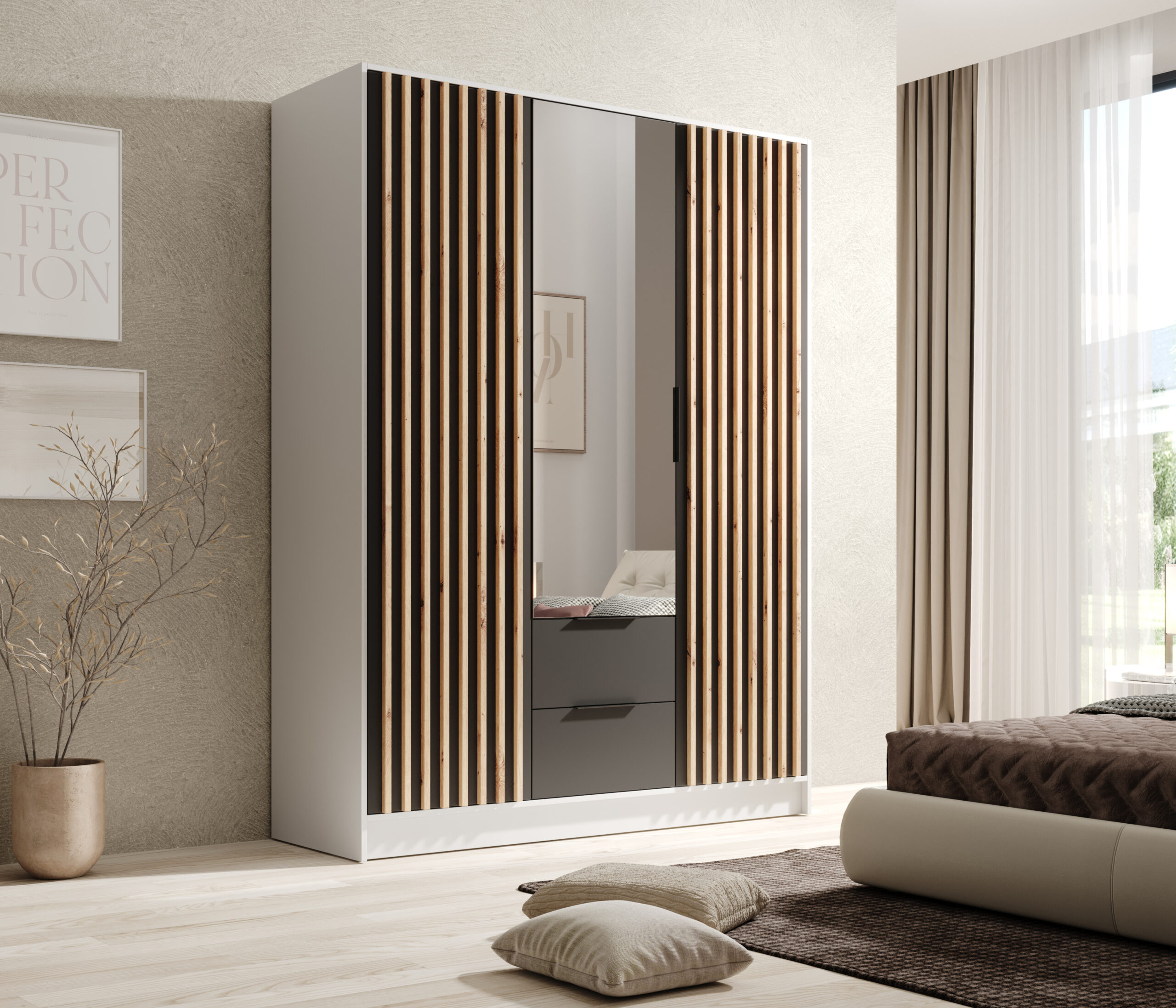 Gardrób Neri 150 ajtós szekrény tükrökkel - Fehér Fehér