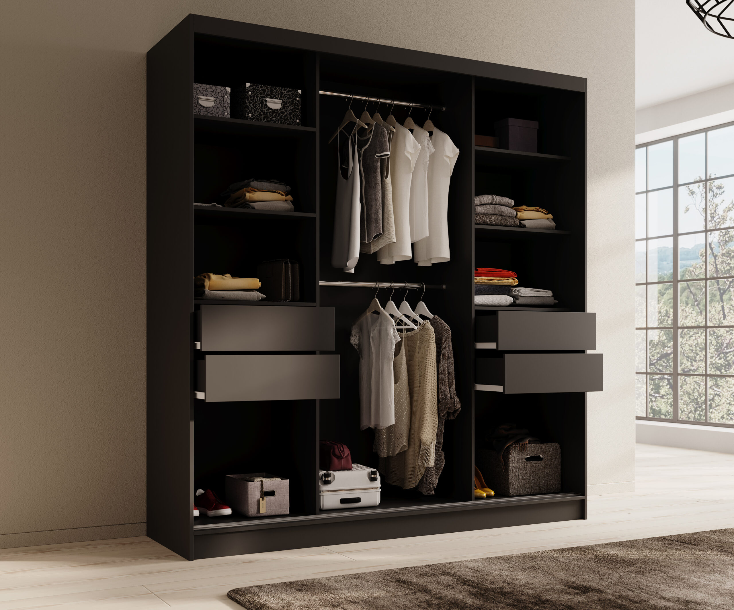 Tolóajtós gardrób Tola 200 tolóajtós szekrény - Fekete Tolóajtós gardrób Tola 200 tolóajtós szekrény - Fekete - Image 3