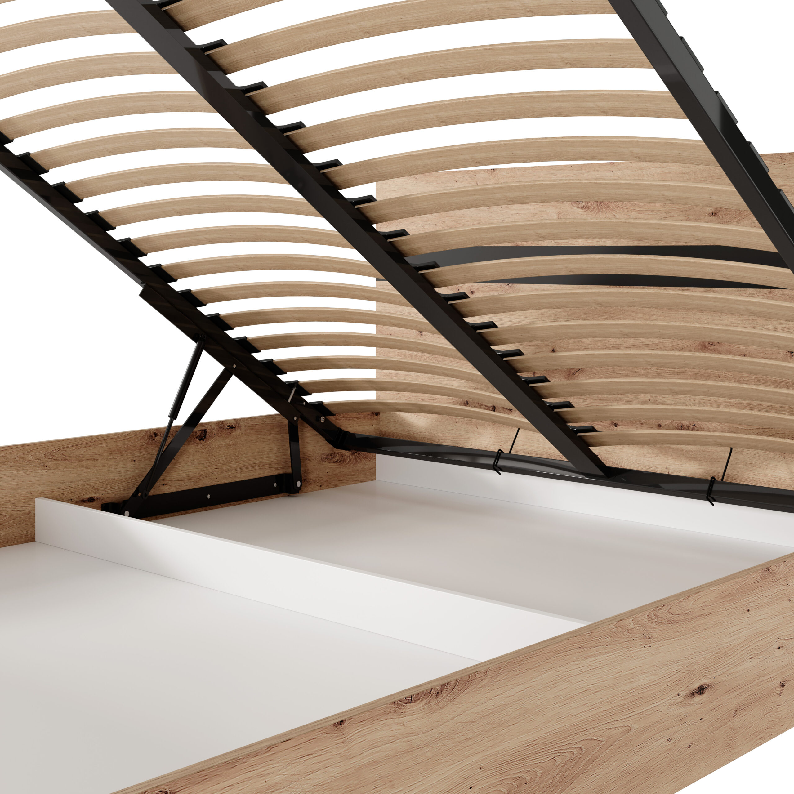 Hálószoba ágy felnyitható ágyneműtartóval, tölgy hatású kerettel és gázrugós szerkezettel