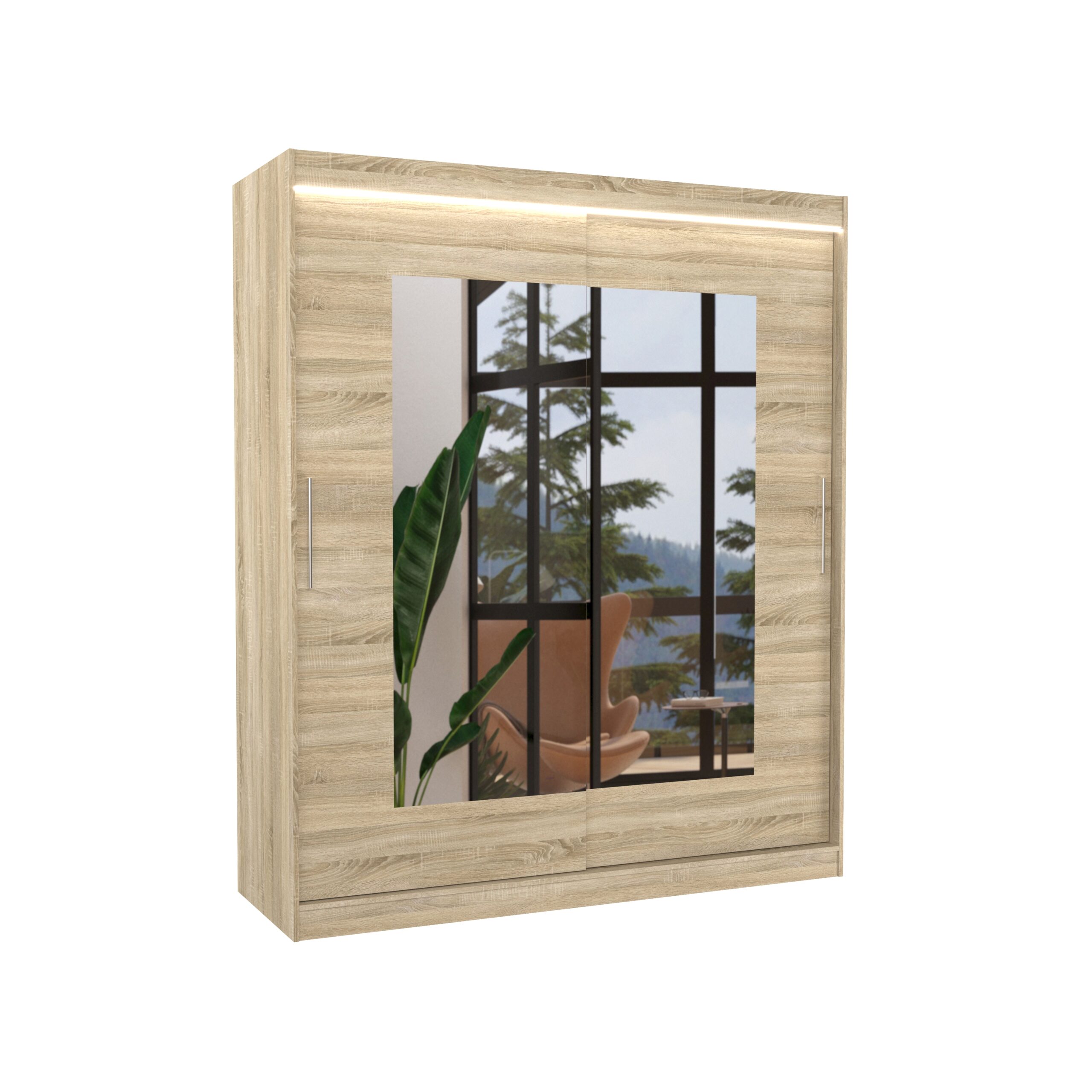 Tolóajtós gardrób Tolóajtós szekrény tükörrel és LED világítással ROSETTE 180 - Sonoma Sonoma