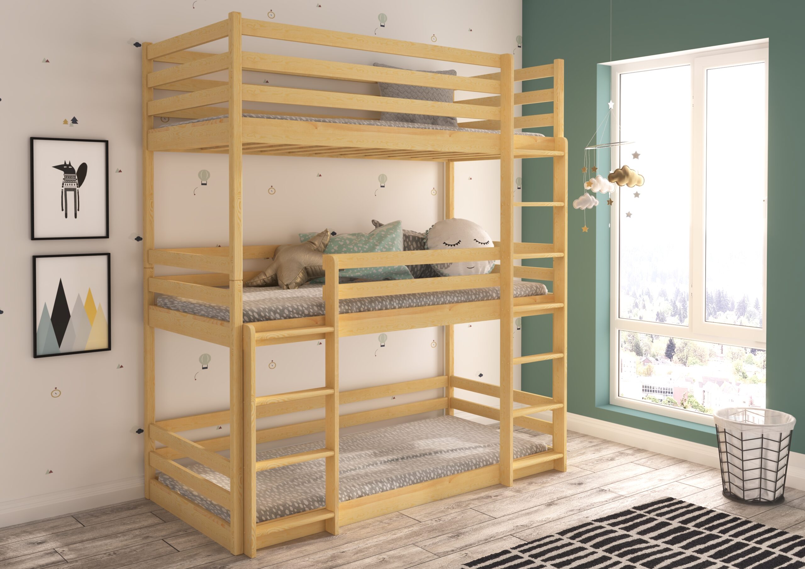 Emeletes ágy TEDRO háromszemélyes emeletes ágy 180x80 - Fenyő TEDRO háromszemélyes emeletes ágy 180x80