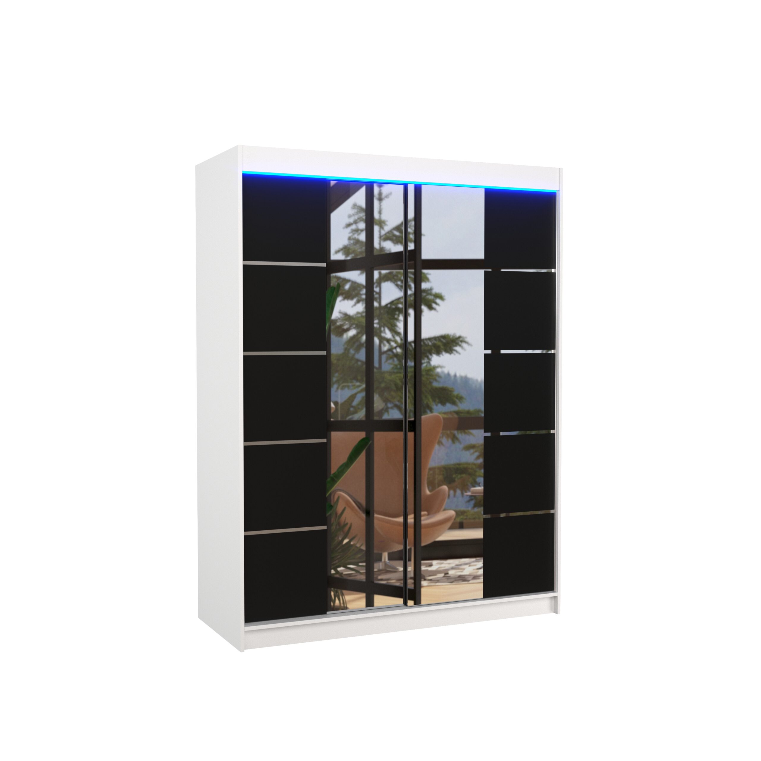 Tolóajtós gardrób Tükörrel és LED világítással ellátott tolóajtós szekrény NORDIC 150 - Fehér Fehér