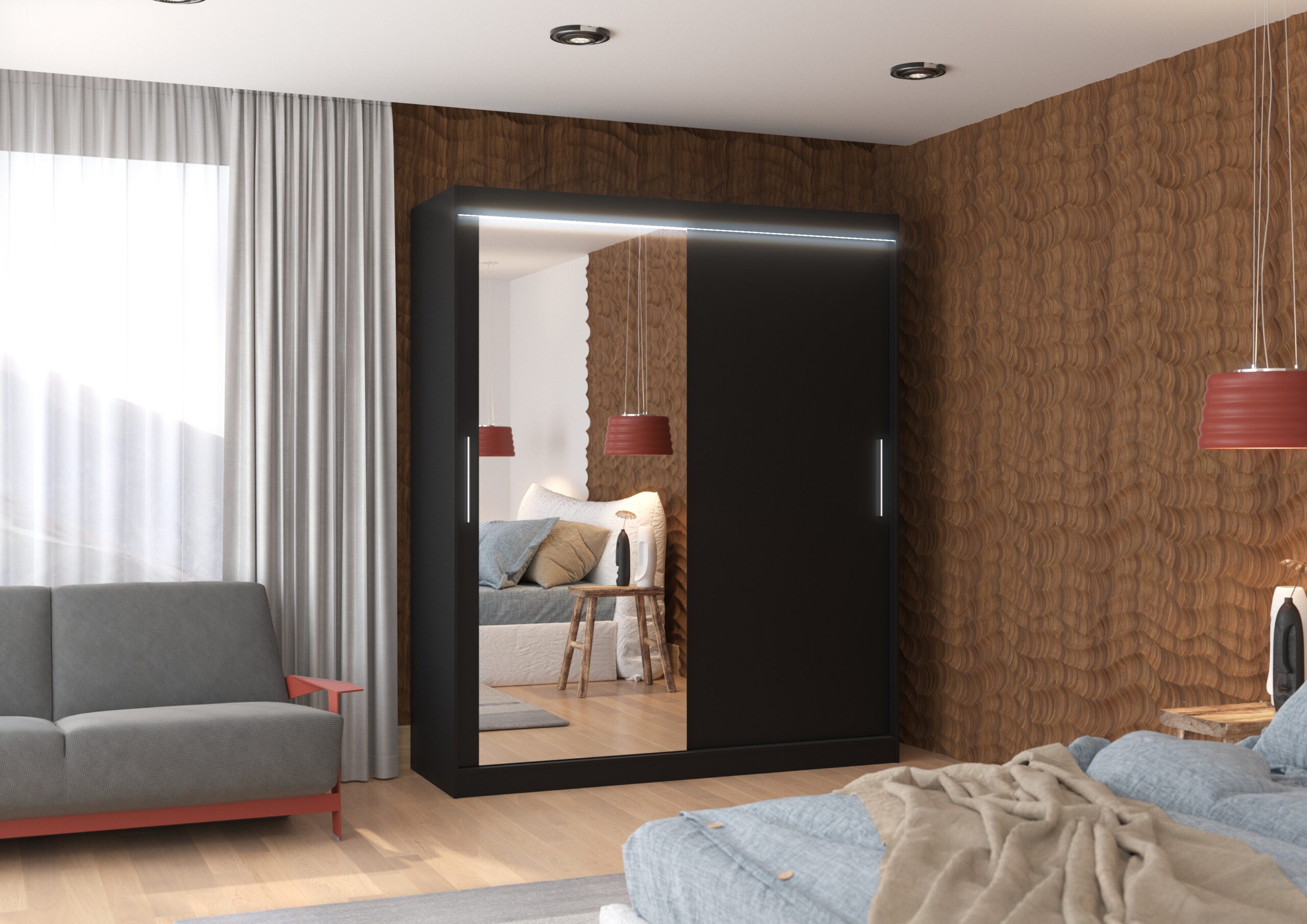 Tolóajtós gardrób Tolóajtós szekrény tükörrel és LED világítással TOM 180 - Fekete Tolóajtós szekrény tükörrel és LED világítással TOM 180
