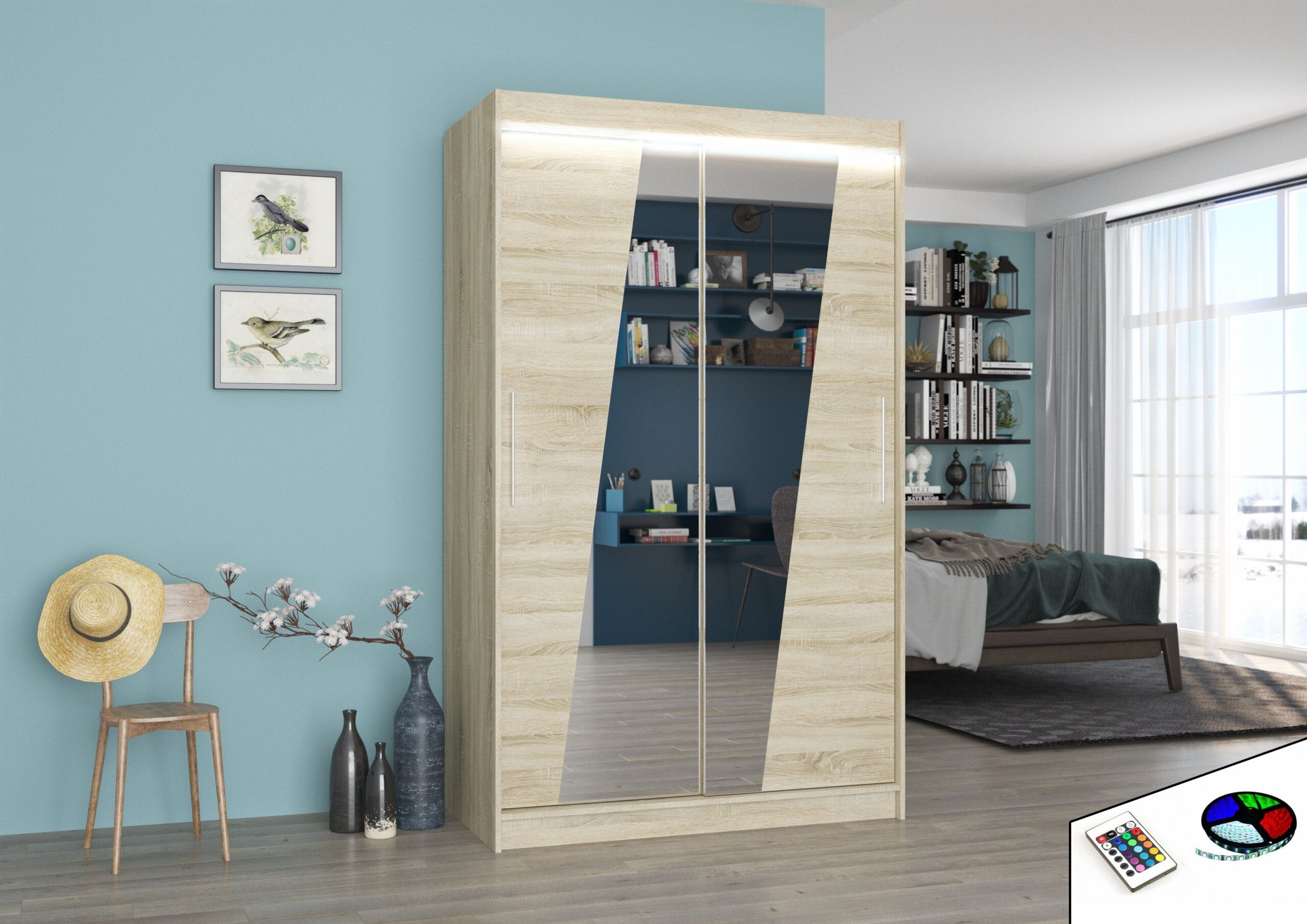 Tolóajtós gardrób Tükörrel és LED világítással ellátott tolóajtós szekrény TEXAS 120 - Sonoma Tükörrel és LED világítással ellátott tolóajtós szekrény TEXAS 120