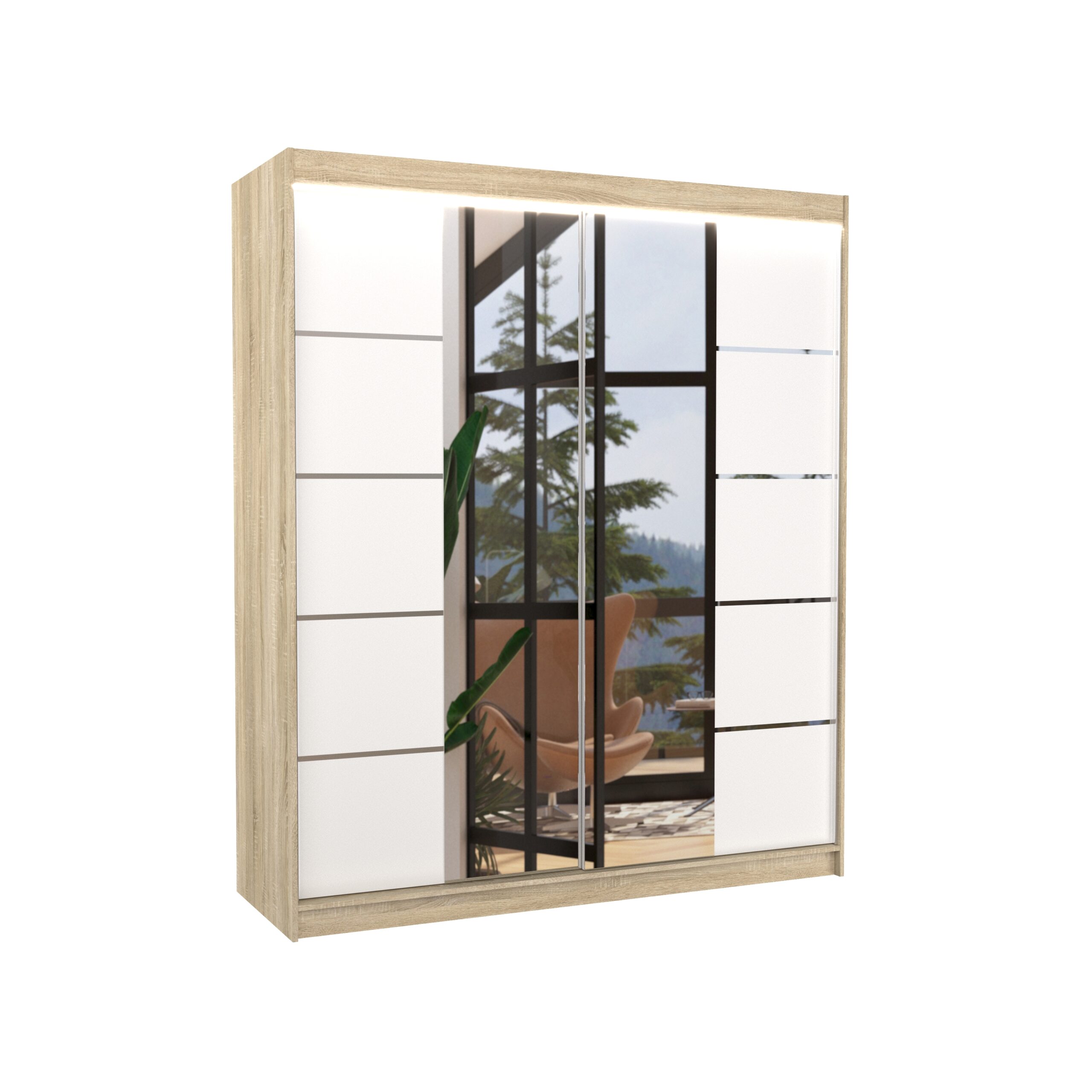 Tolóajtós gardrób Tolóajtós szekrény tükörrel és LED világítással TRAVES 180 - Sonoma Sonoma