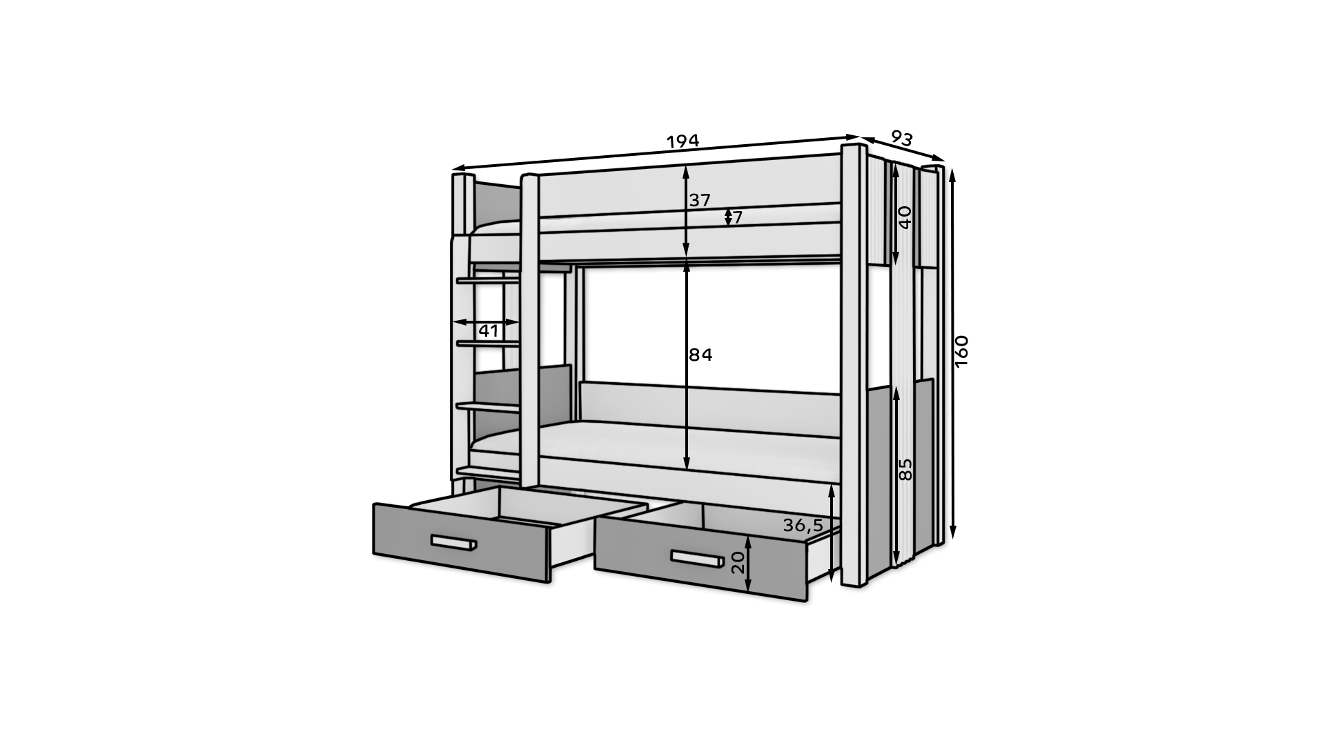 Emeletes ágy Ágy emeletes két személyes ARTA 180x80 matraccal - Fehér Emeletes ágy Ágy emeletes két személyes ARTA 180x80 matraccal - Fehér - Image 3