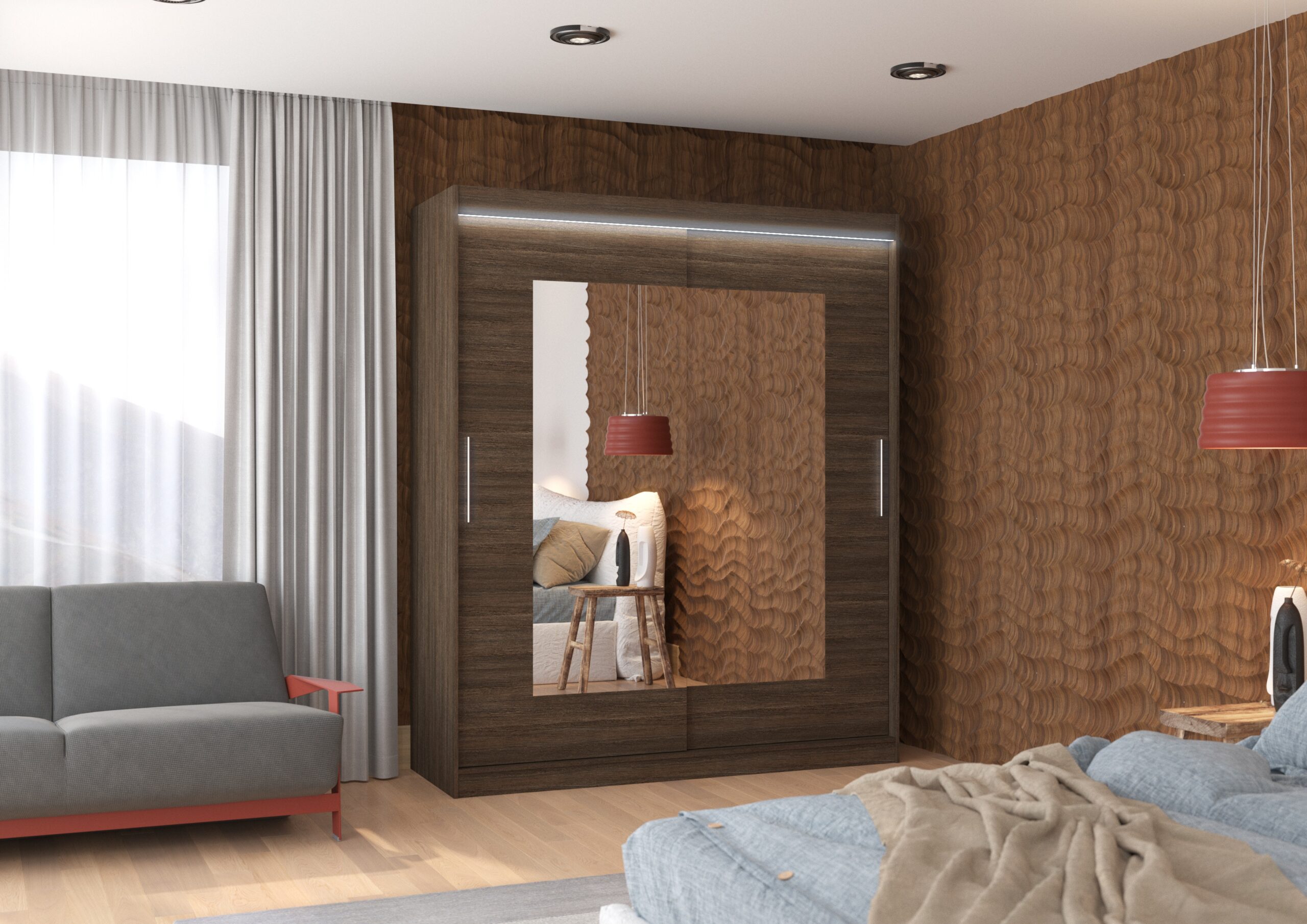 Tolóajtós gardrób Tolóajtós szekrény tükörrel és LED világítással ROSETTE 180 - Csoki Tolóajtós szekrény tükörrel és LED világítással ROSETTE 180