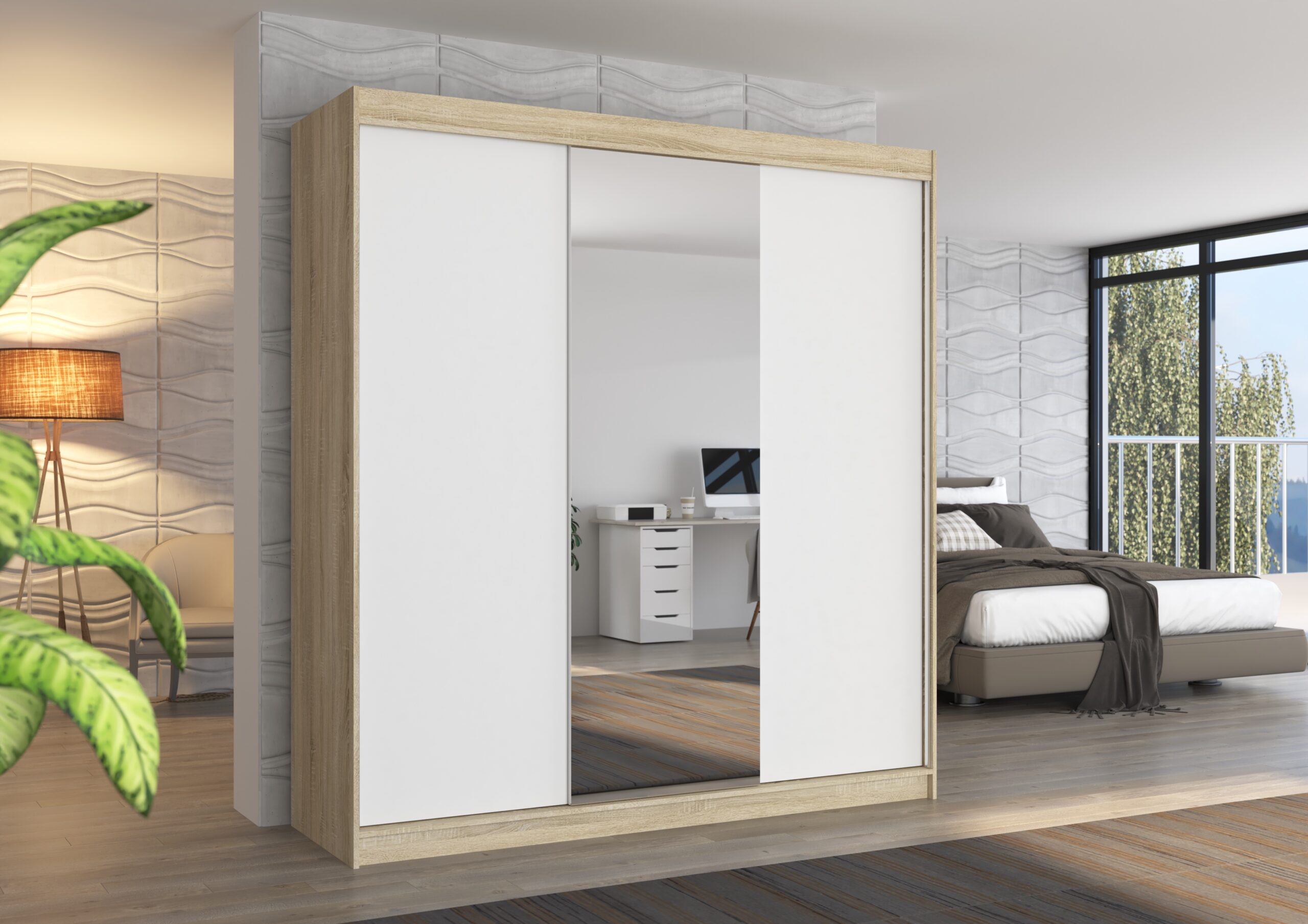 Tolóajtós gardrób Biztonsági tükrös tolóajtós szekrény SANTIAGO 200 - Sonoma Biztonsági tükrös tolóajtós szekrény SANTIAGO 200