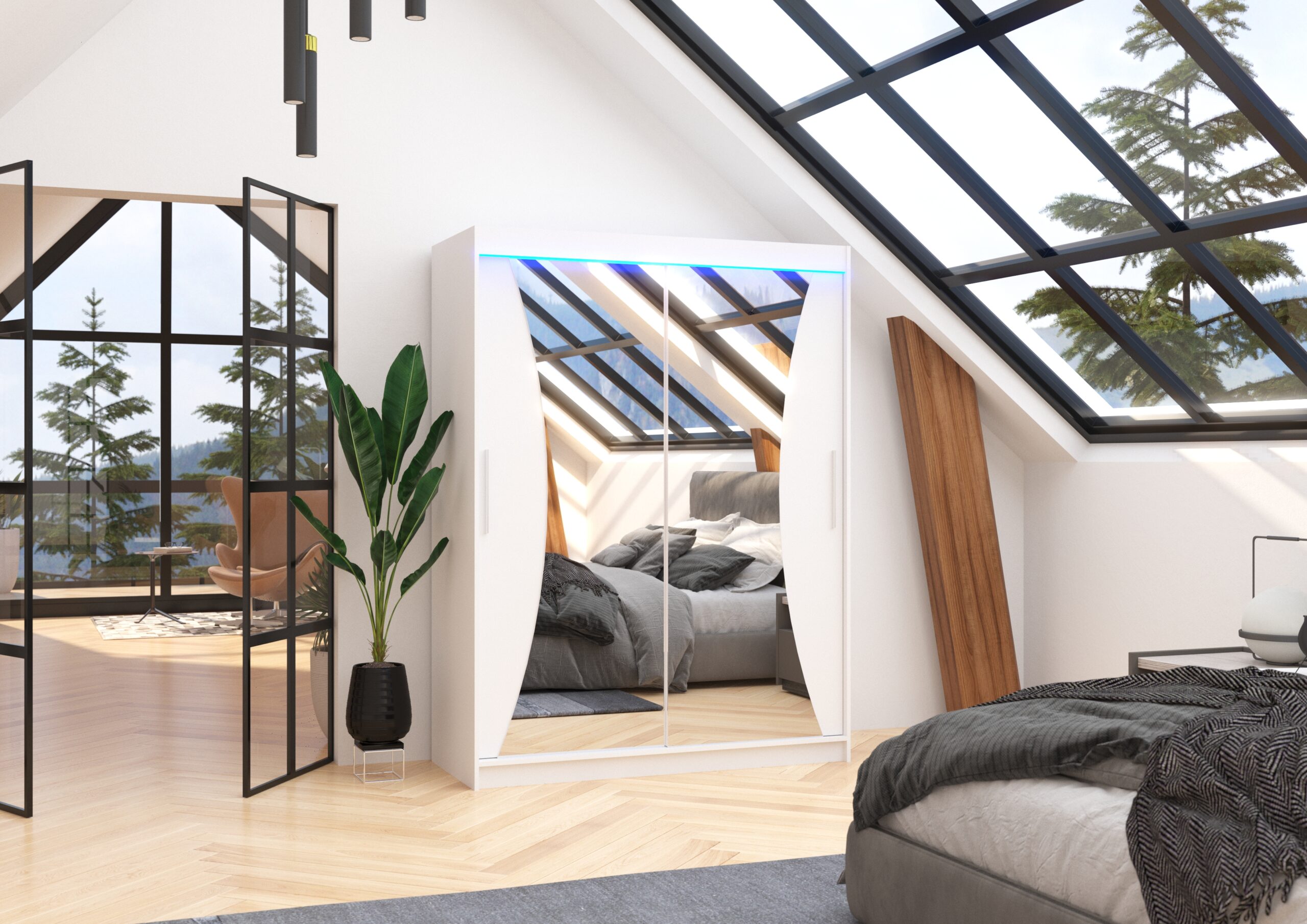 Tolóajtós gardrób Tükörrel és LED világítással ellátott tolóajtós szekrény MAX 150 - Fehér Tükörrel és LED világítással ellátott tolóajtós szekrény MAX 150