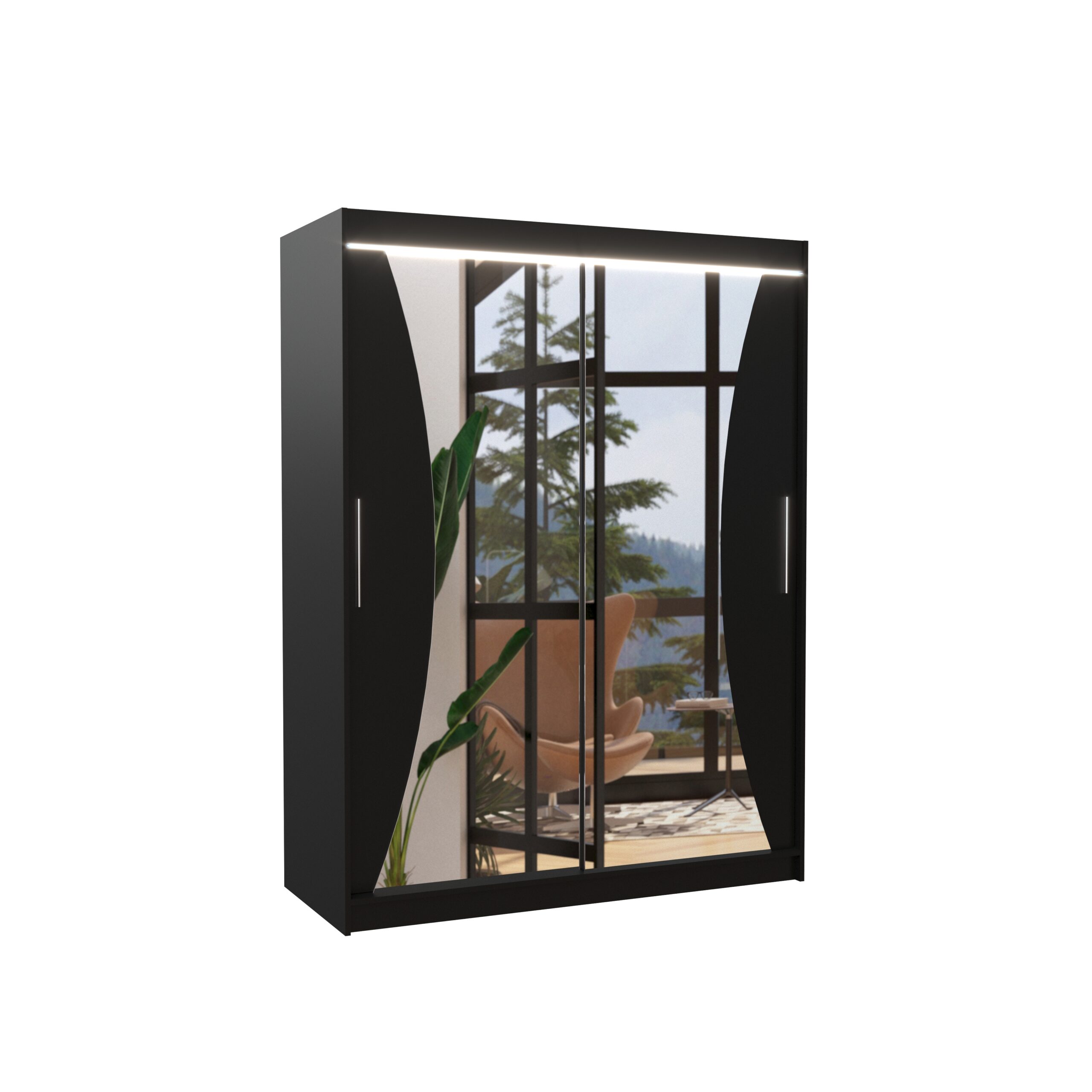 Tolóajtós gardrób Tükörrel és LED világítással ellátott tolóajtós szekrény MAX 150 - Fekete Fekete