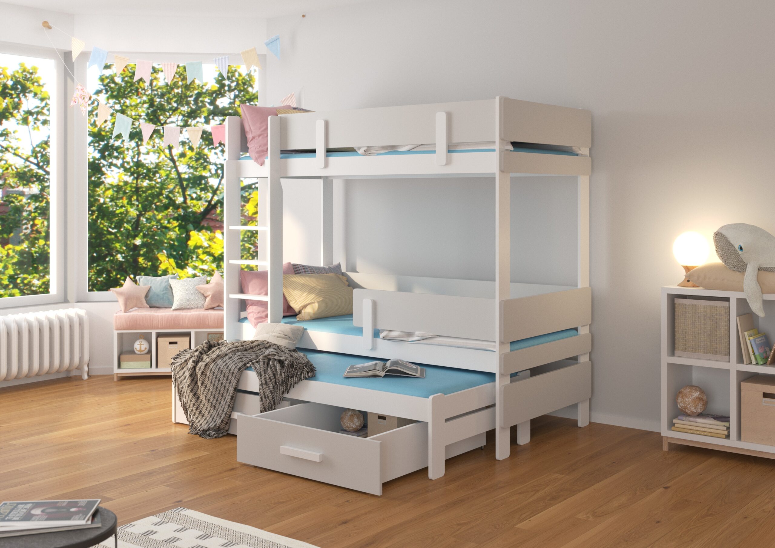 Emeletes ágy Háromszemélyes emeletes ágy matracokkal ETAPO 200x90 - Fehér Háromszemélyes emeletes ágy matracokkal ETAPO 200x90