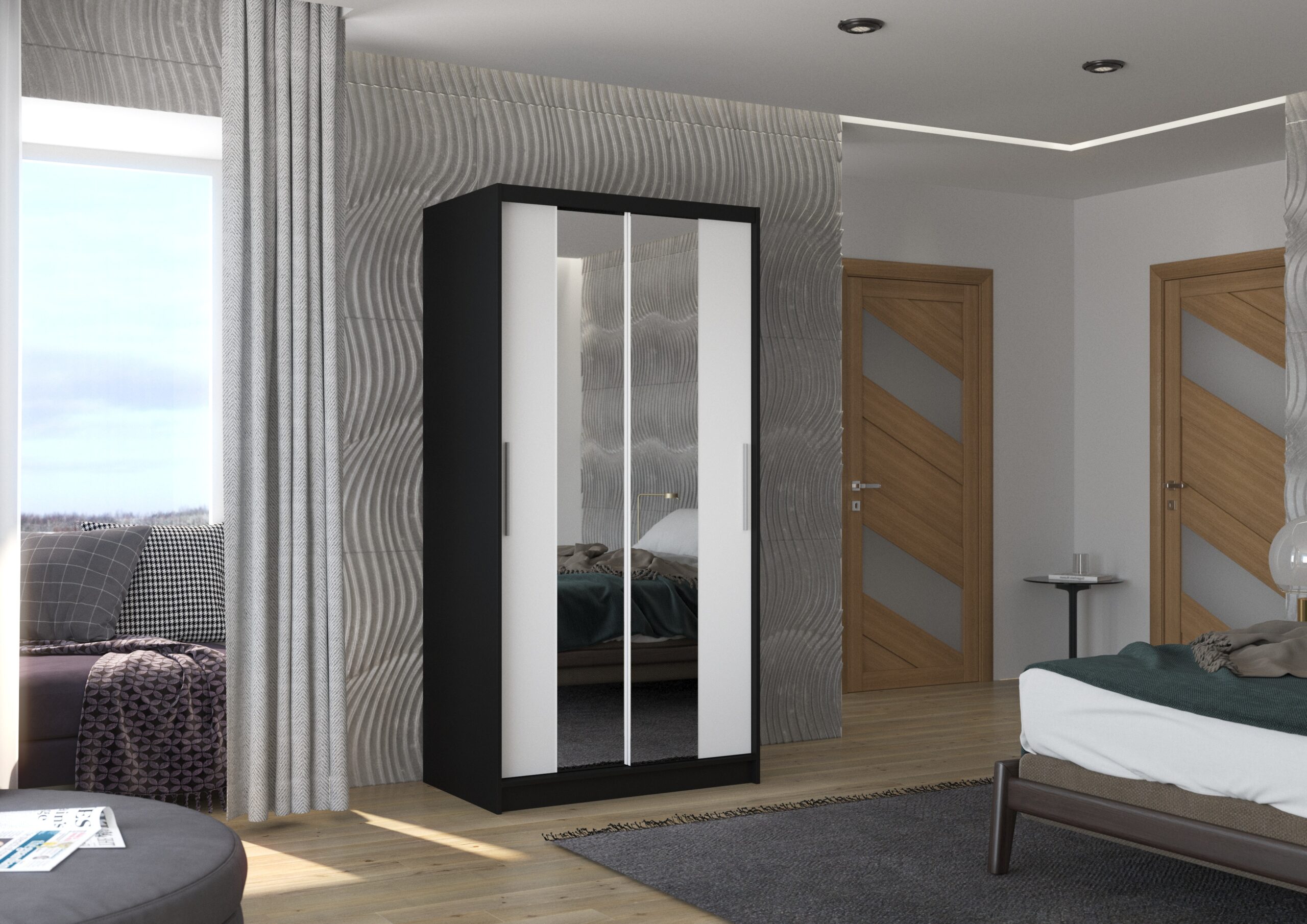 Tolóajtós gardrób Biztonsági tükrös tolóajtós szekrény DRAGONIS 100 - Fekete Biztonsági tükrös tolóajtós szekrény DRAGONIS 100