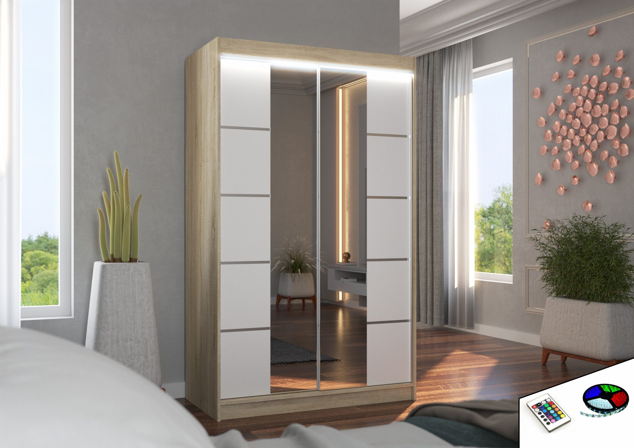 Tolóajtós gardrób Tükörrel és LED világítással ellátott tolóajtós szekrény GENUA 120 - Sonoma Tükörrel és LED világítással ellátott tolóajtós szekrény GENUA 120