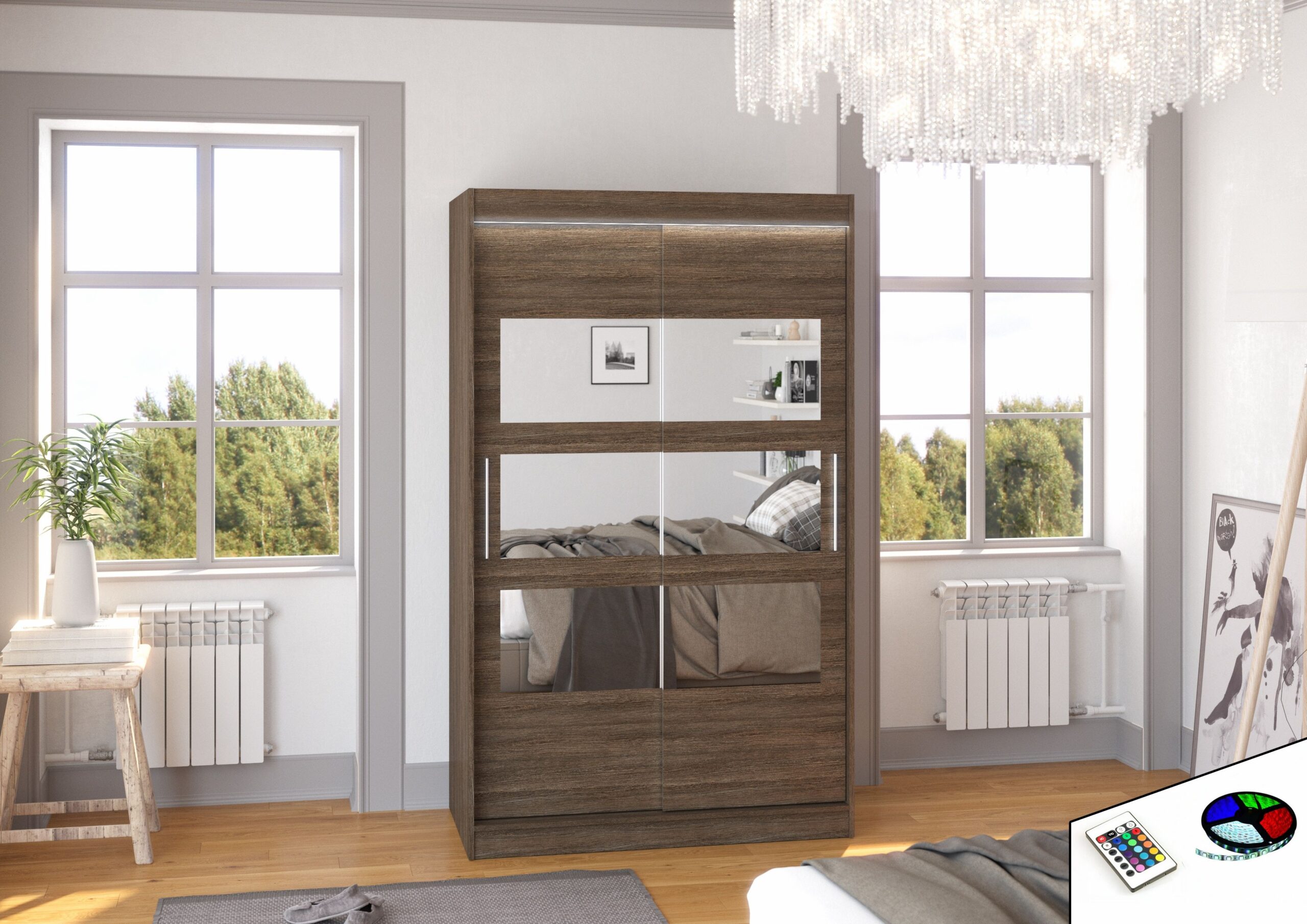 Tolóajtós gardrób Tükörrel és LED világítással ellátott tolóajtós szekrény KOLORADO 120 - Fekete Tükörrel és LED világítással ellátott tolóajtós szekrény KOLORADO 120