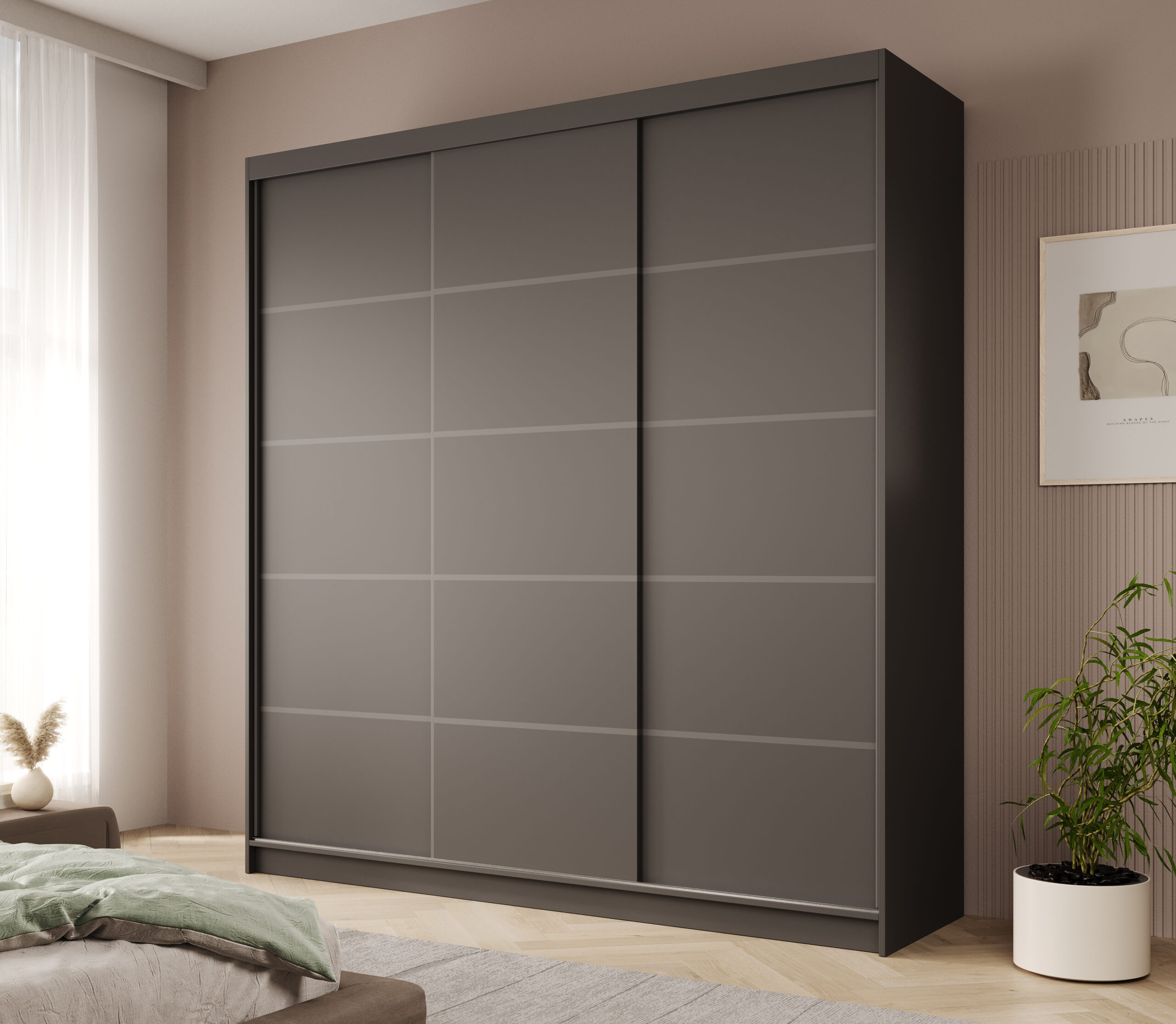 Sötétszürke tolóajtós gardrób három tolópanellel, minimalista stílusban