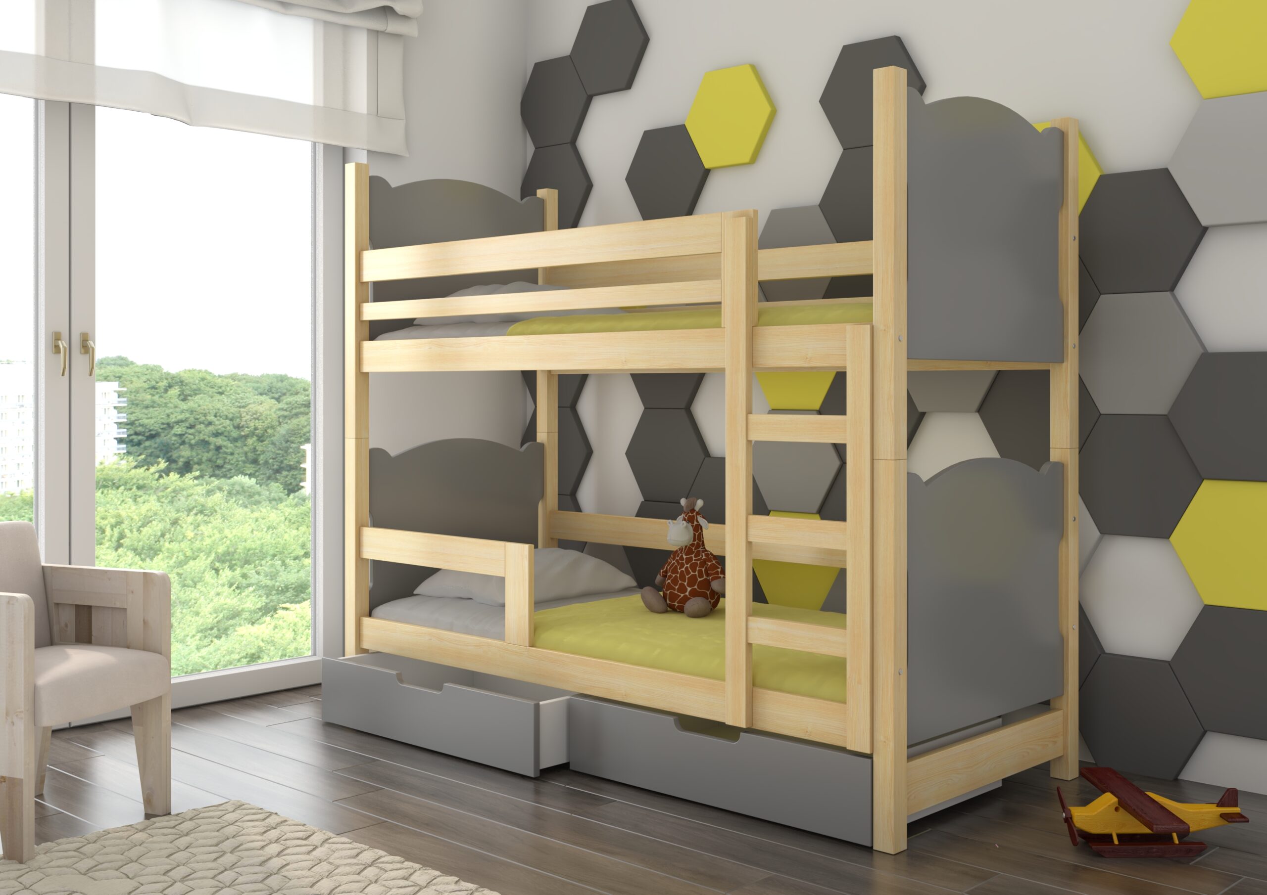 Gyerekágy Kétszemélyes emeletes ágy matracokkal MARABA - Fenyő Kétszemélyes emeletes ágy matracokkal MARABA