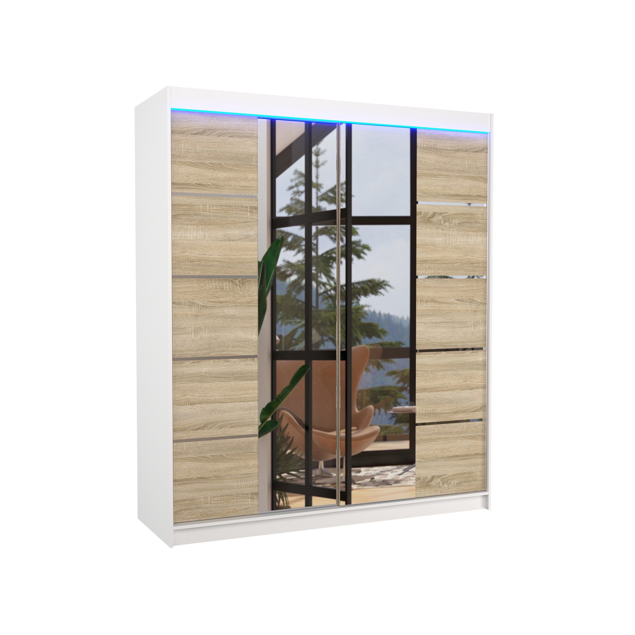 Tolóajtós gardrób Tolóajtós szekrény tükörrel és LED világítással TRAVES 180 - Fehér Fehér