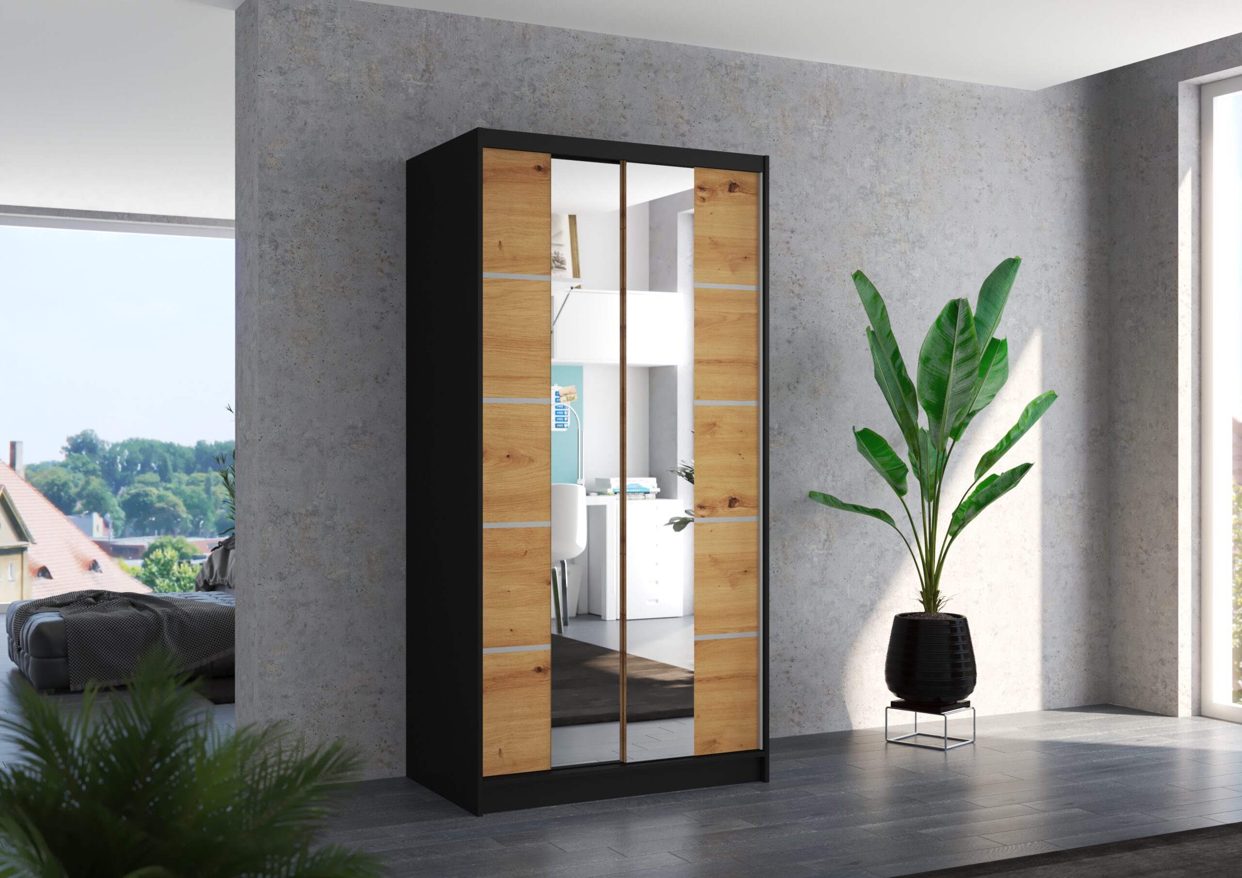 Tolóajtós gardrób Biztonsági tükrös tolóajtós szekrény KSAWER 100 - Fekete Biztonsági tükrös tolóajtós szekrény KSAWER 100