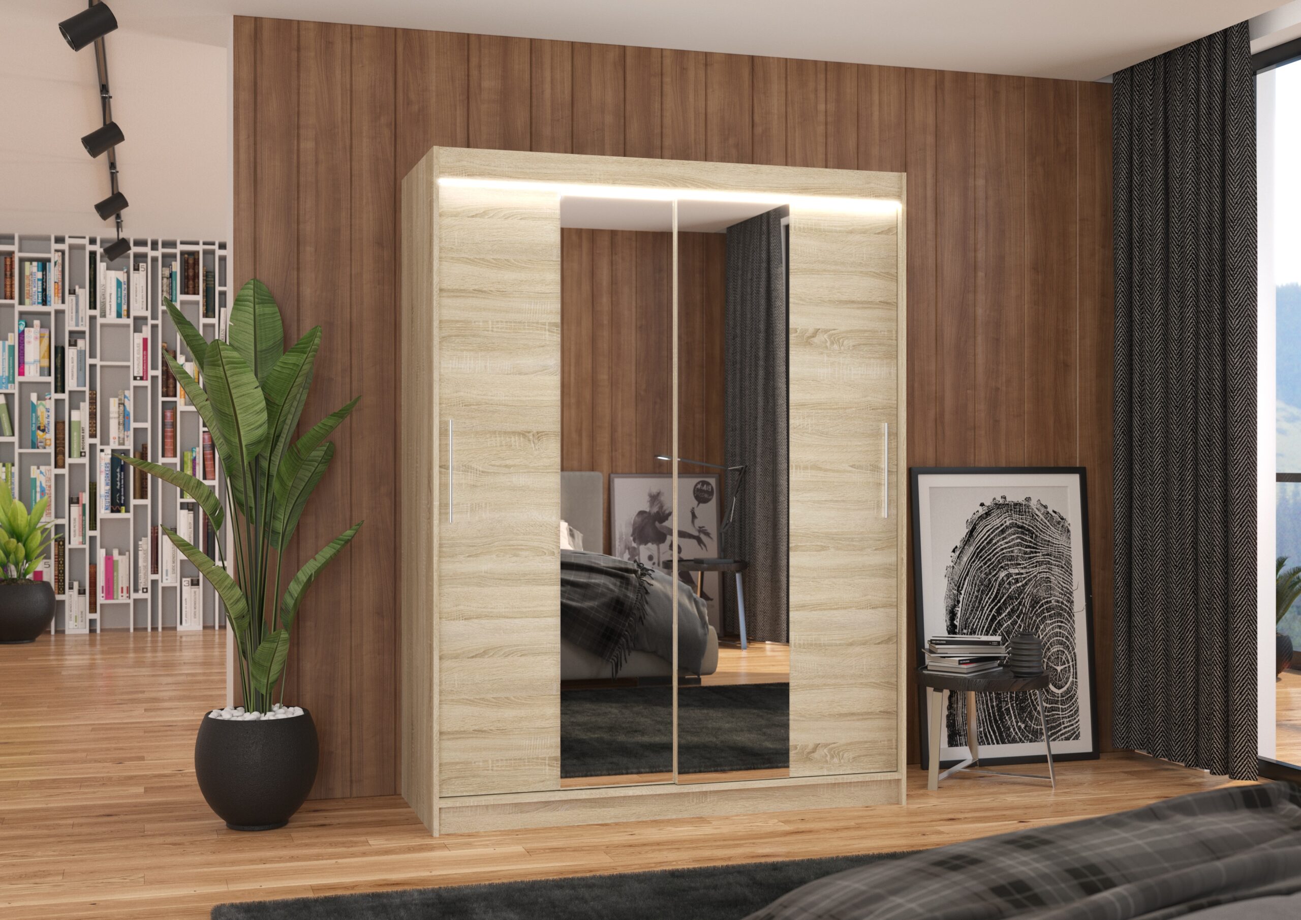 Tolóajtós gardrób Tükörrel és LED világítással ellátott tolóajtós szekrény INESS 150 - Sonoma Tükörrel és LED világítással ellátott tolóajtós szekrény INESS 150