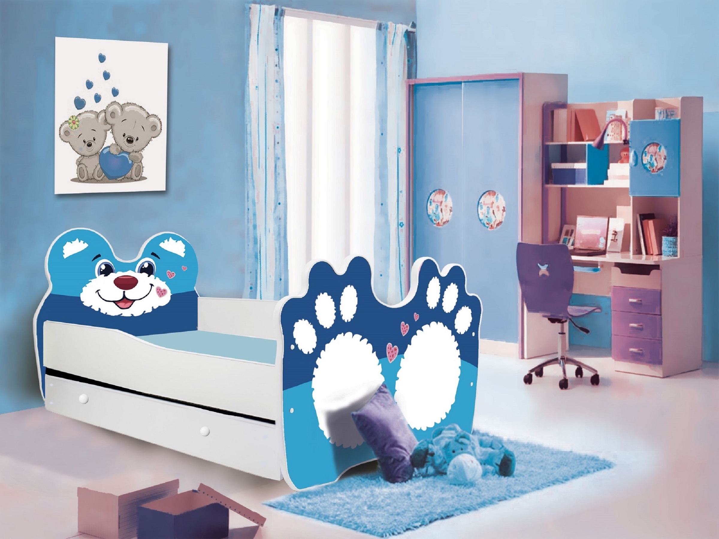 Gyerekágy Ágy matraccal és fiókkal BEAR BLUE 140x70 - Kék Ágy matraccal és fiókkal BEAR BLUE 140x70