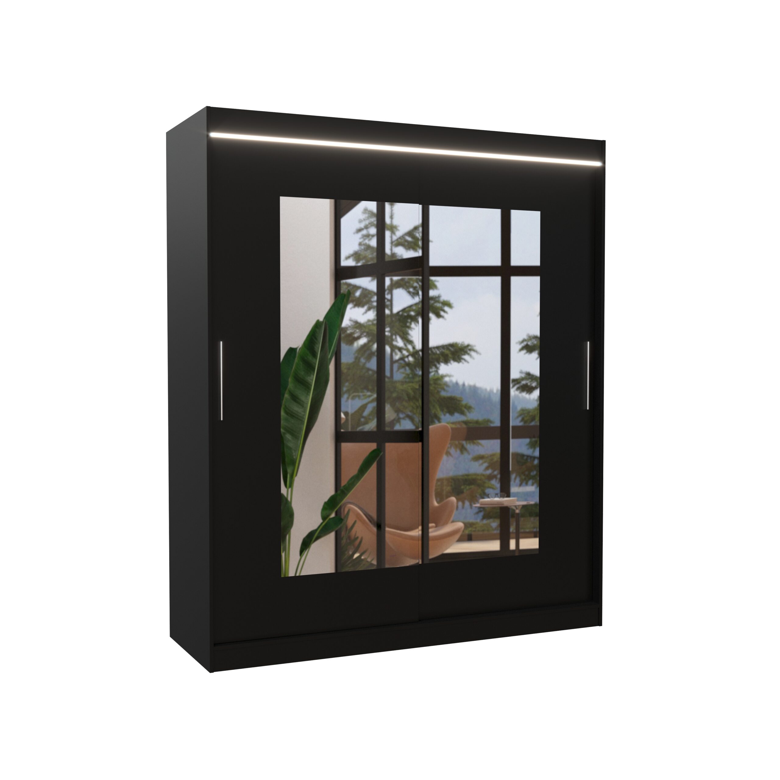 Tolóajtós gardrób Tolóajtós szekrény tükörrel és LED világítással ROSETTE 180 - Fekete Fekete
