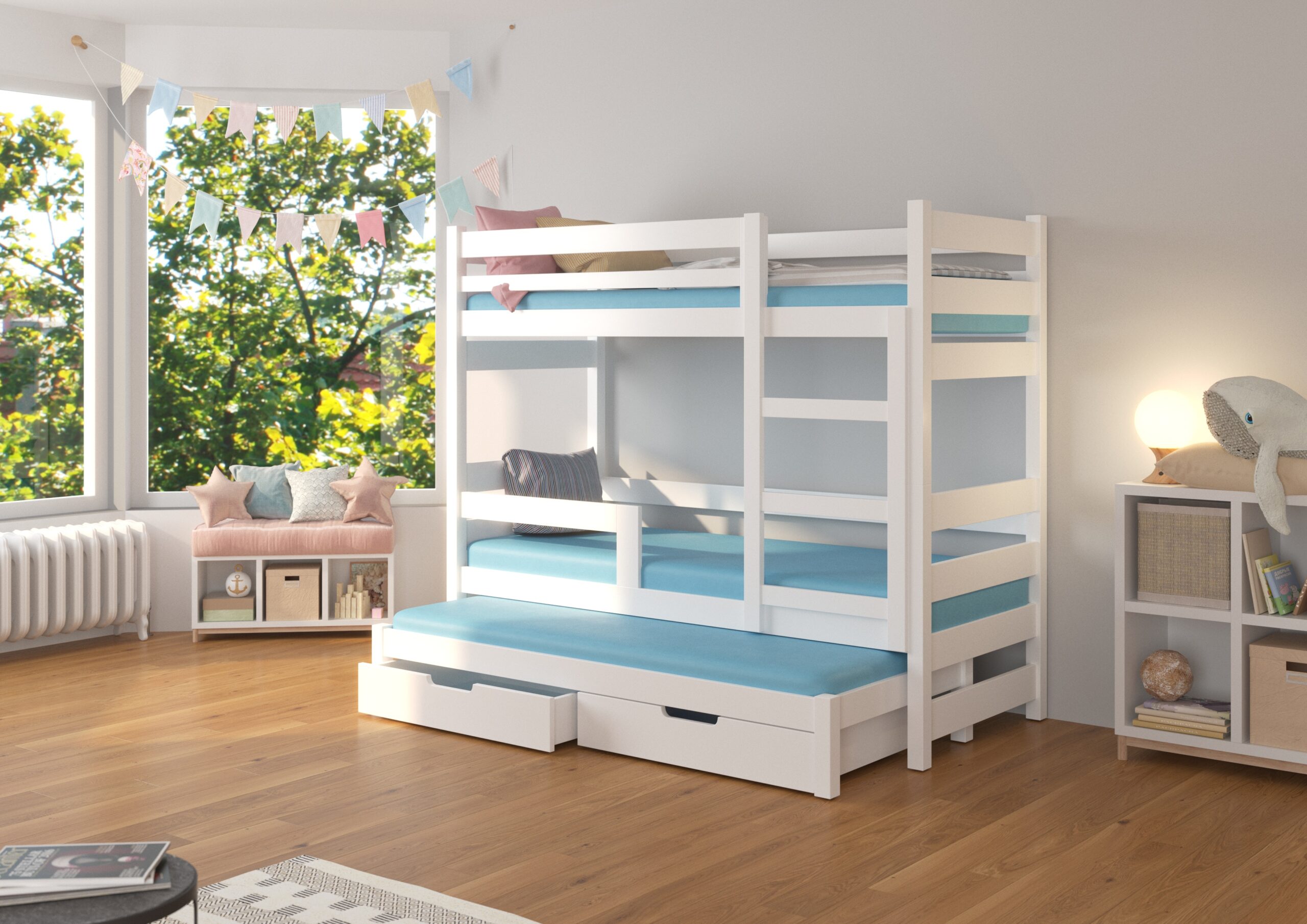 Gyerekágy Háromszemélyes emeletes ágy matracokkal KARLO - Fehér Háromszemélyes emeletes ágy matracokkal KARLO