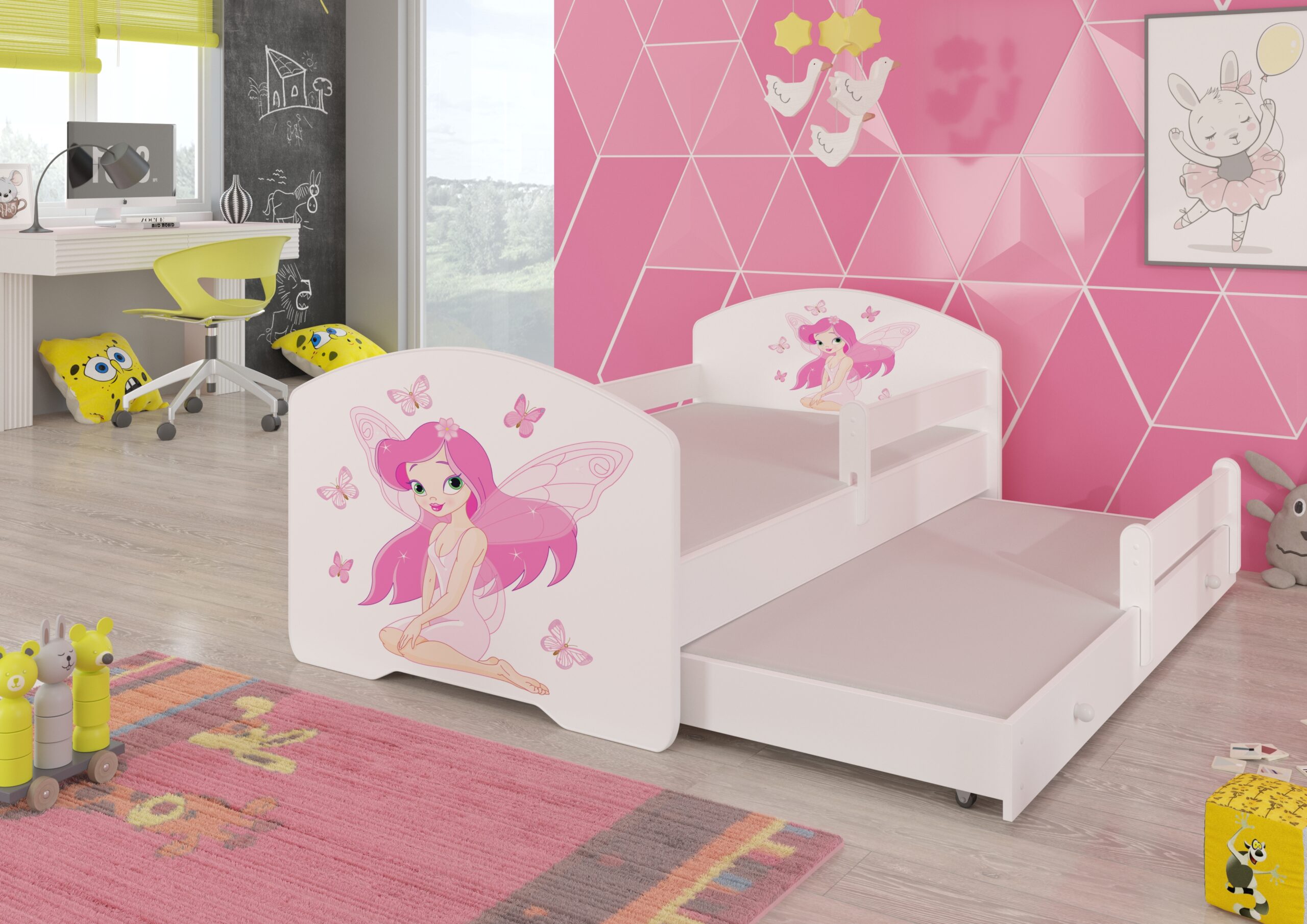 Gyerekágy Kétszemélyes ágy korláttal és matracokkal PEPE II GIRL WITH WINGS 160x80 - Fehér Kétszemélyes ágy korláttal és matracokkal PEPE II GIRL WITH WINGS 160x80