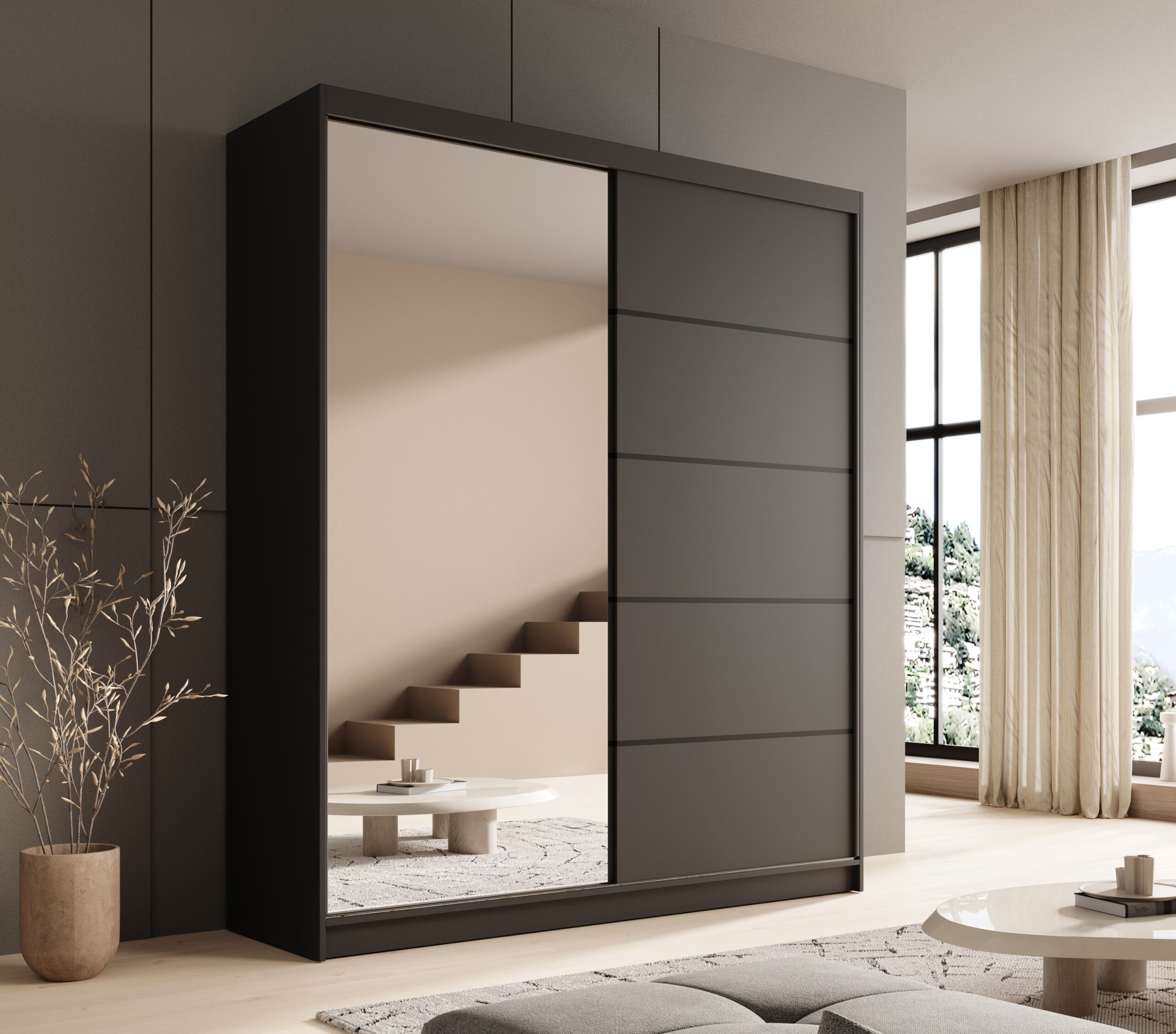 Tolóajtós gardrób Tolóajtós szekrény tükörrel Nico 180 - Fekete Fekete