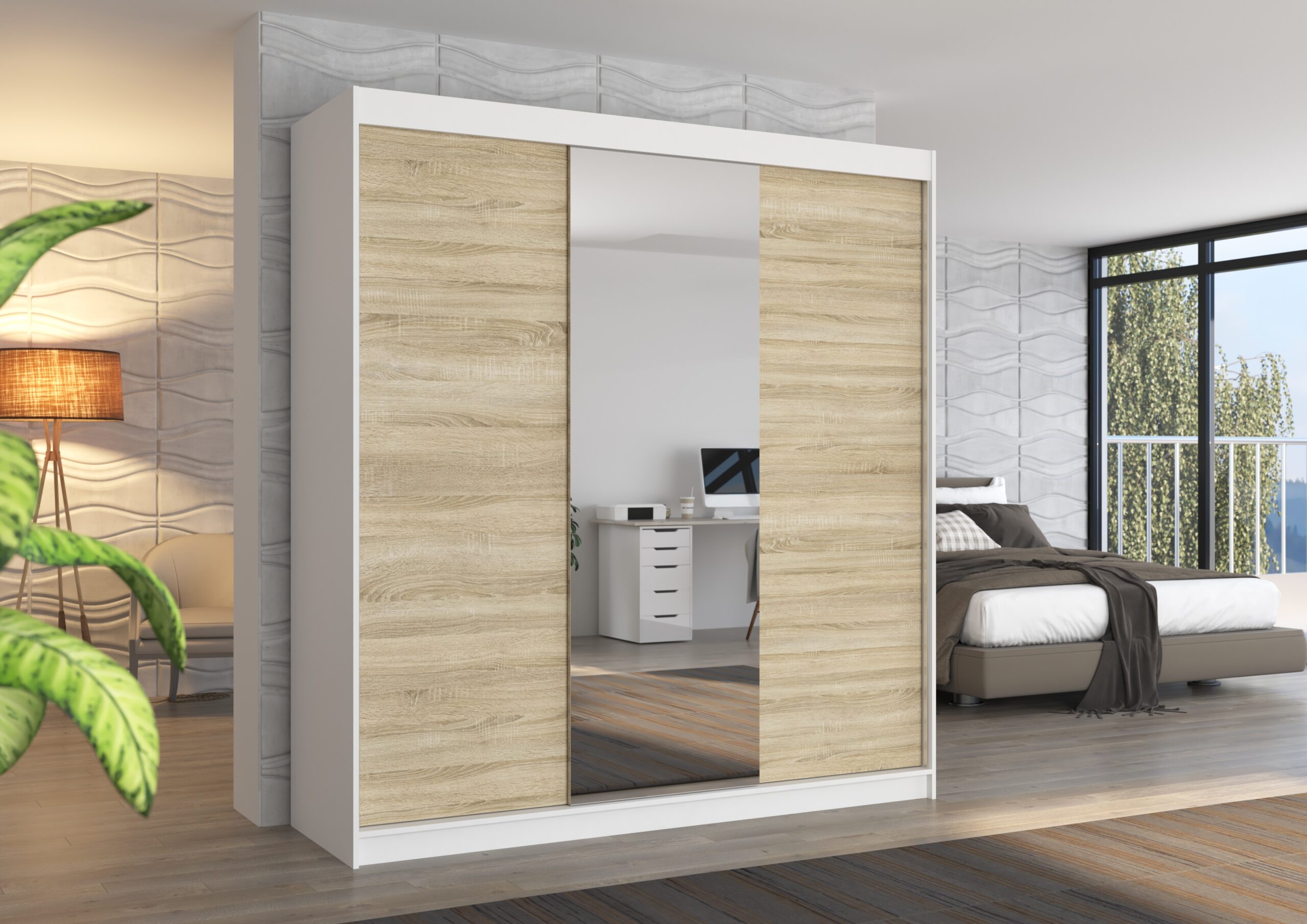 Tolóajtós gardrób Biztonsági tükrös tolóajtós szekrény SANTIAGO 200 - Fehér Biztonsági tükrös tolóajtós szekrény SANTIAGO 200