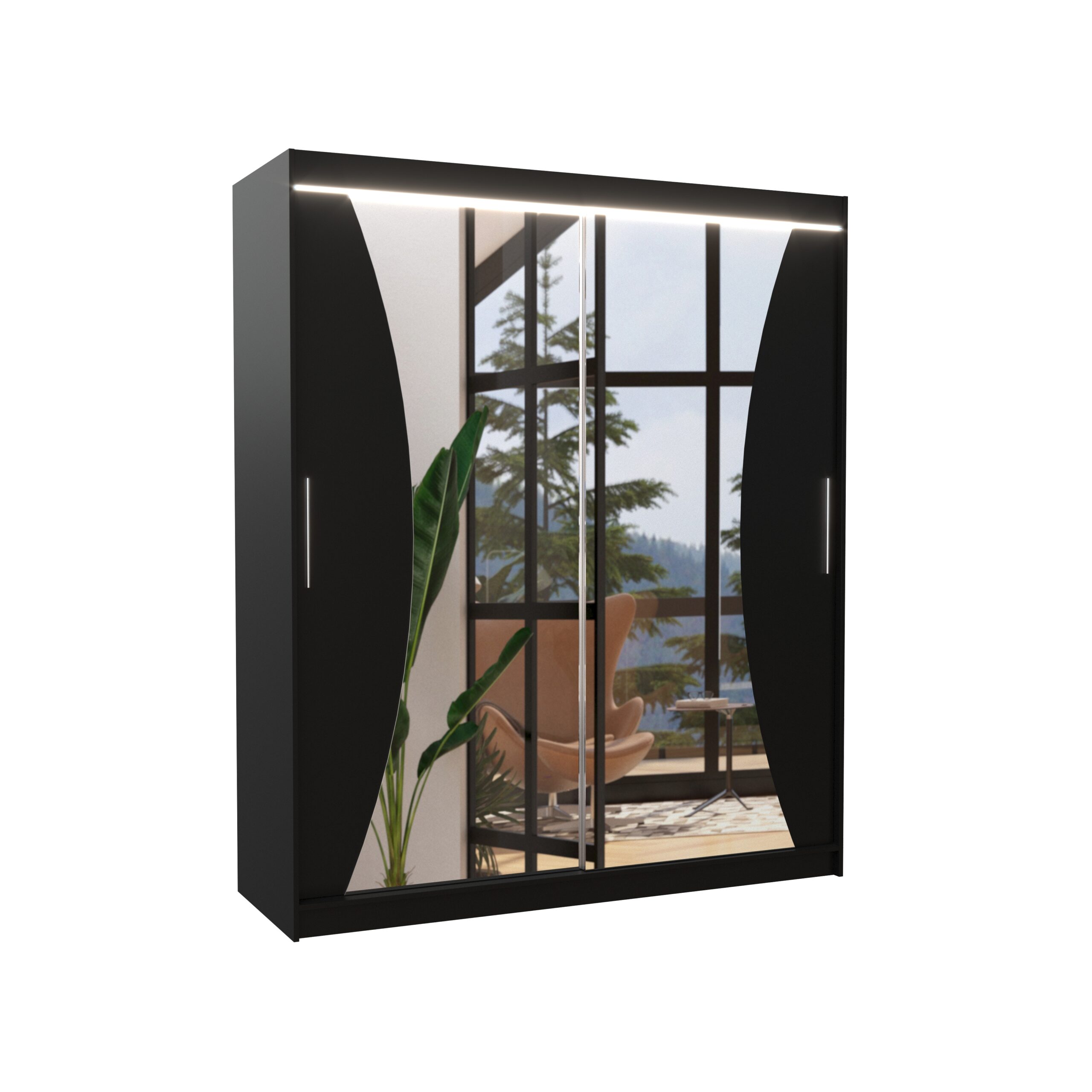 Tolóajtós gardrób Tolóajtós szekrény tükörrel és LED világítással CHARLOTTE 180 - Fekete Fekete