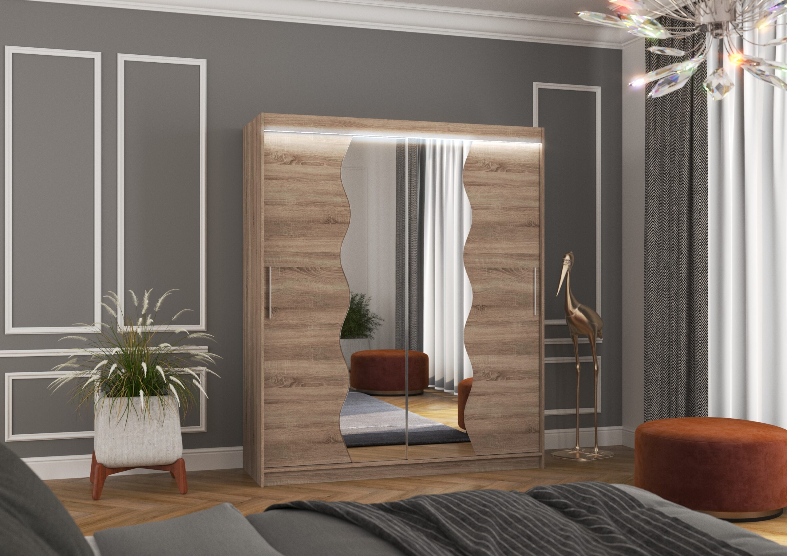 Tolóajtós gardrób Tolóajtós szekrény tükörrel és LED világítással KANSAS 180 - Trüffel Tolóajtós szekrény tükörrel és LED világítással KANSAS 180