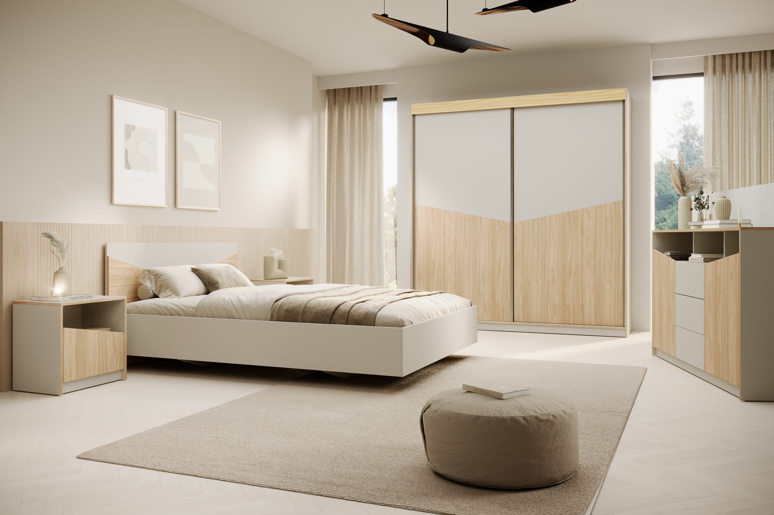 Világos hálószoba enteriőr tolóajtós gardróbbal fehér és tölgy dekor fronttal