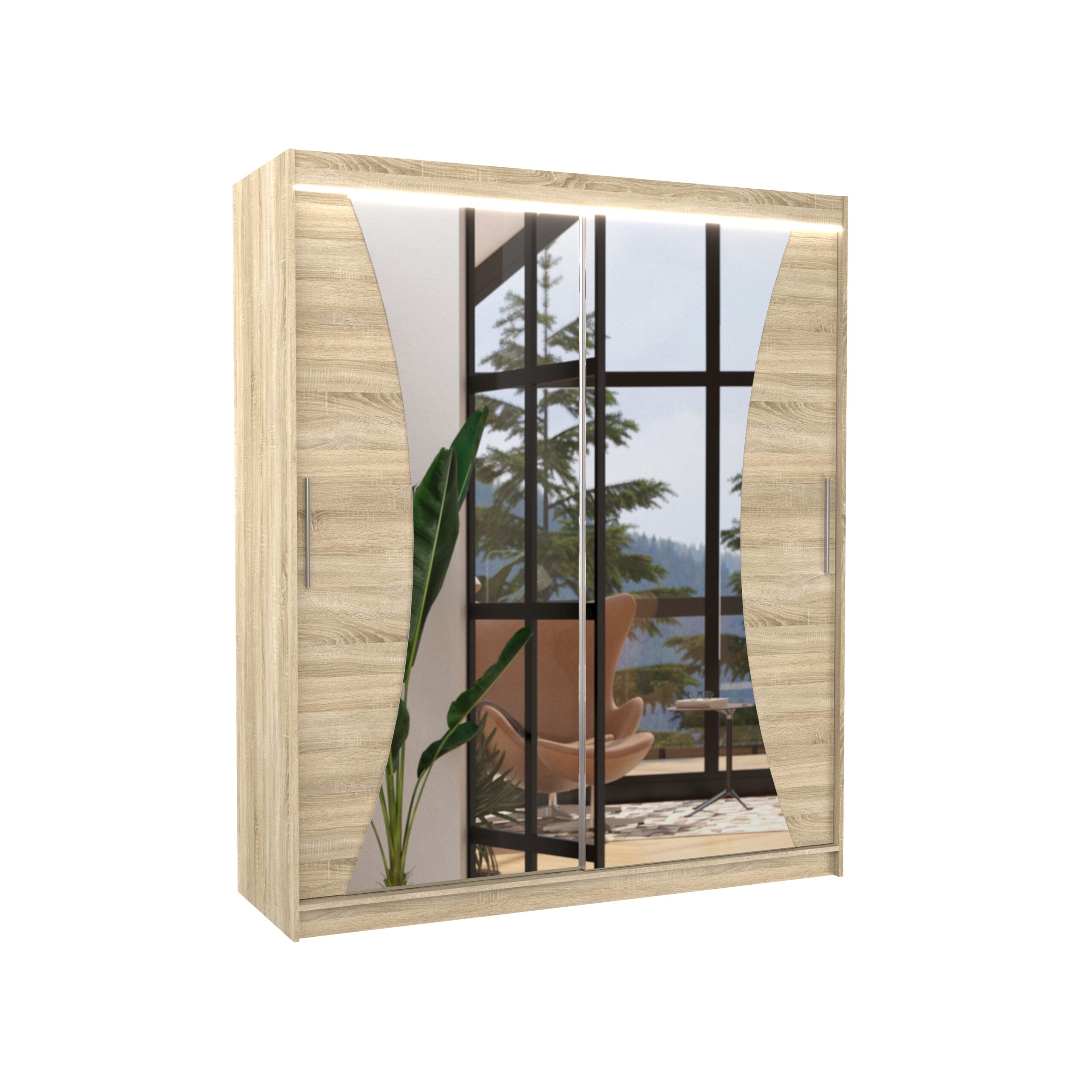 Tolóajtós gardrób Tolóajtós szekrény tükörrel és LED világítással CHARLOTTE 180 - Sonoma Sonoma