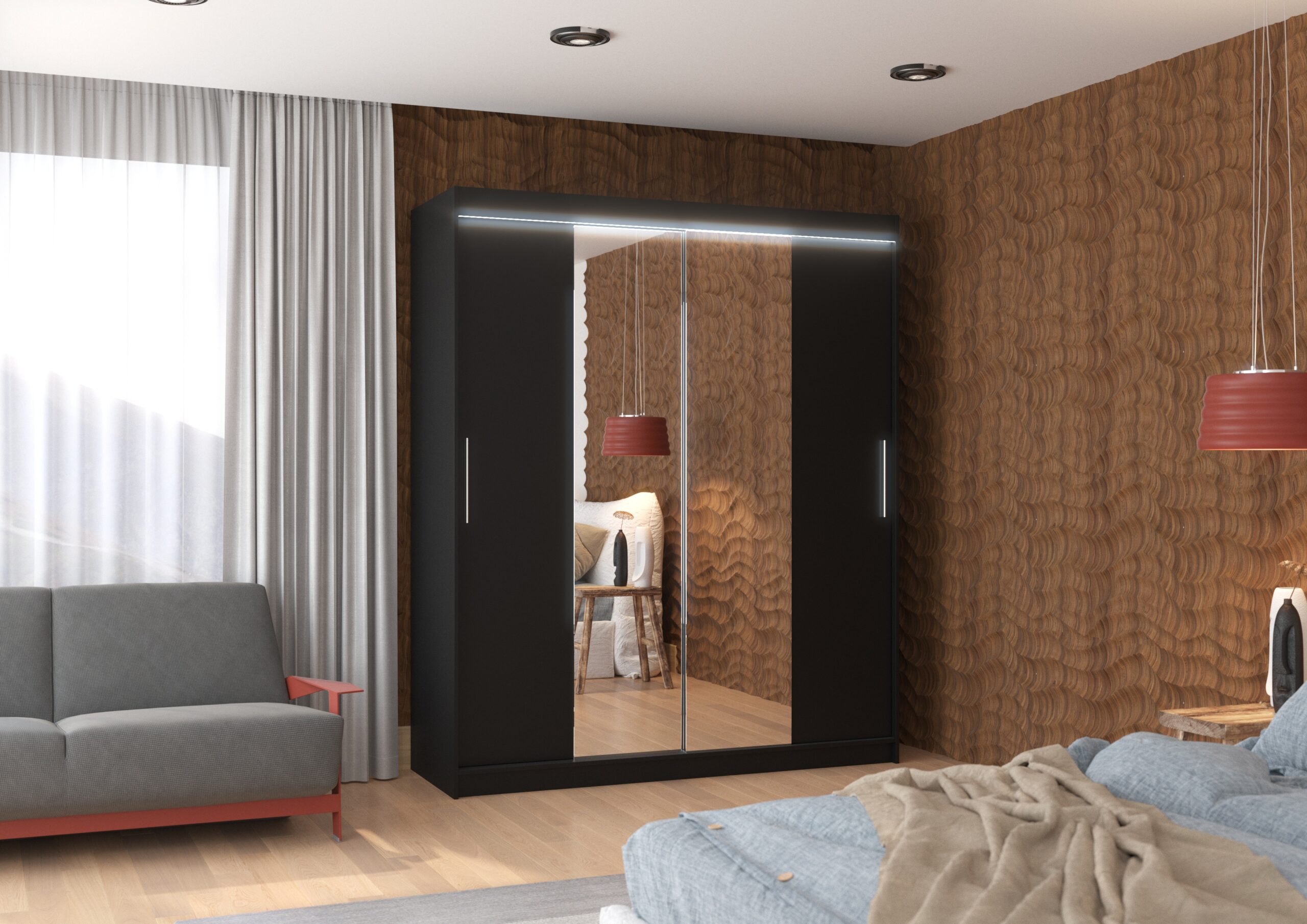 Tolóajtós gardrób Tükörrel és LED világítással ellátott tolóajtós szekrény DALLAS 180 - Fekete Tükörrel és LED világítással ellátott tolóajtós szekrény DALLAS 180