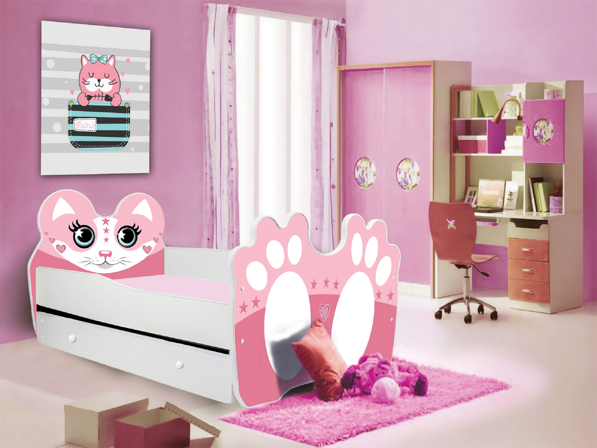 Gyerekágy Ágy matraccal és fiókkal BEAR PINK 160x80 - Rózsaszín Ágy matraccal és fiókkal BEAR PINK 160x80