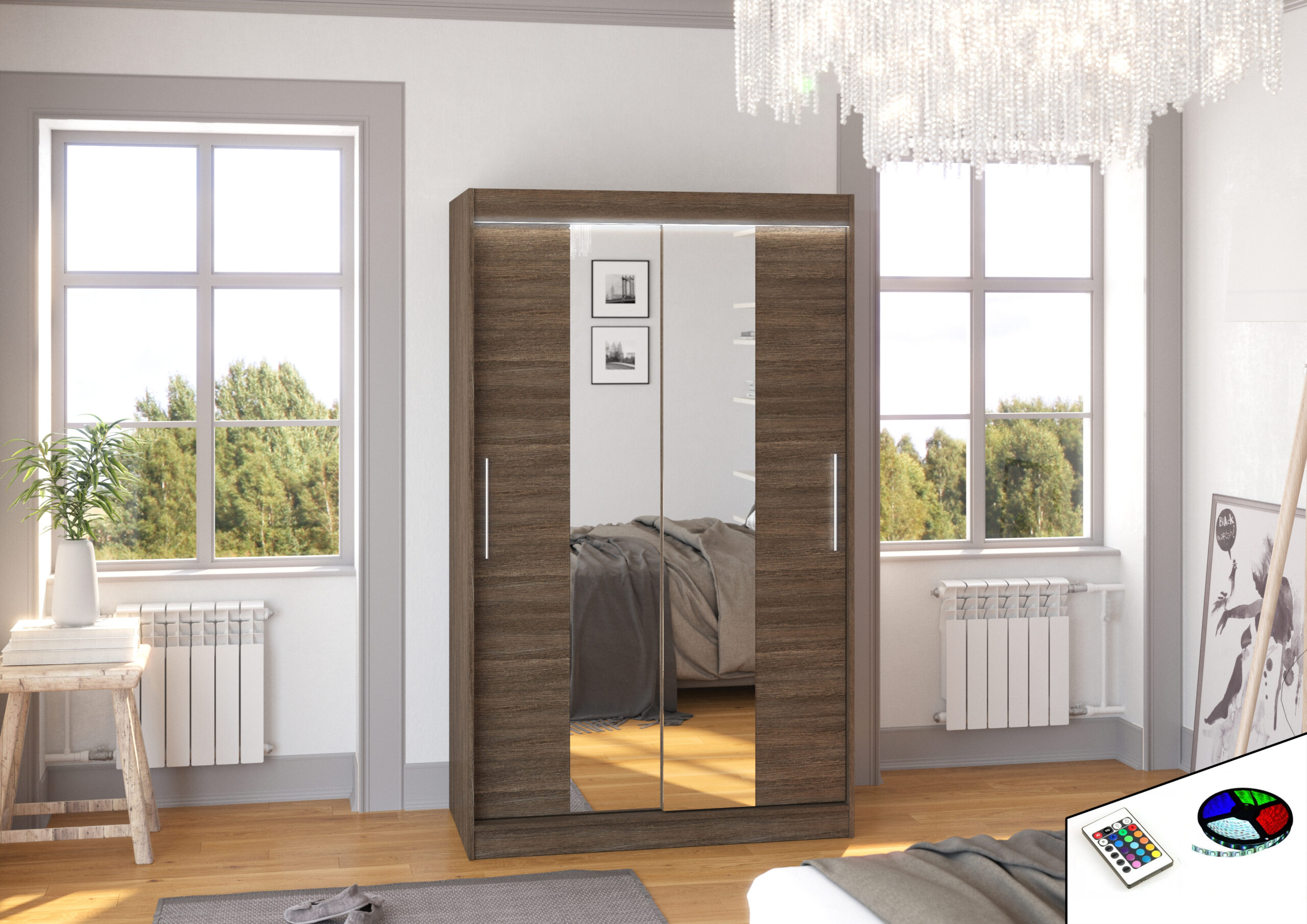 Tolóajtós gardrób Tükörrel és LED világítással ellátott tolóajtós szekrény SANTOS 120 - Csoki Tükörrel és LED világítással ellátott tolóajtós szekrény SANTOS 120