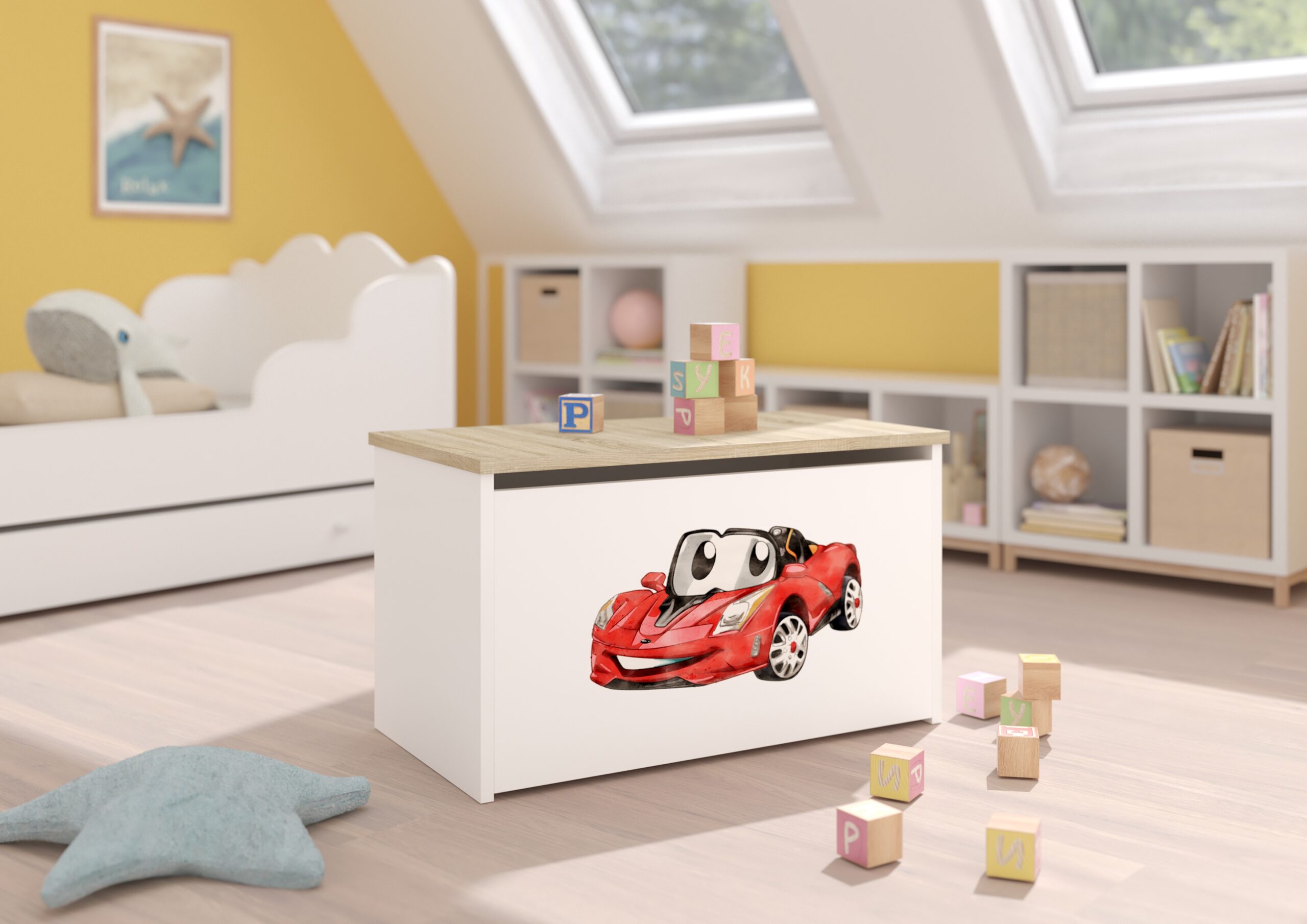 Játék láda gyerekszobába, fehér tárolóláda fa tetőlappal és piros autó mintával