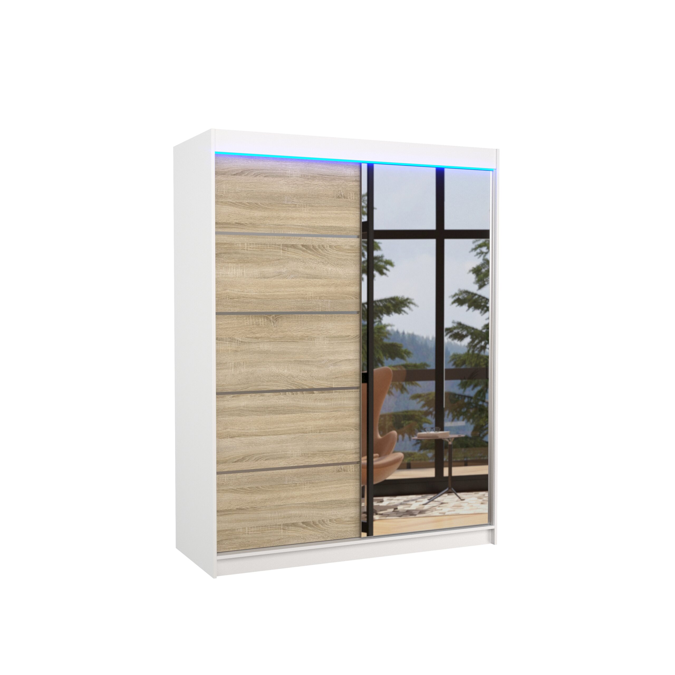 Tolóajtós gardrób Tükörrel és LED világítással ellátott tolóajtós szekrény LIMBO 150 - Fehér Fehér