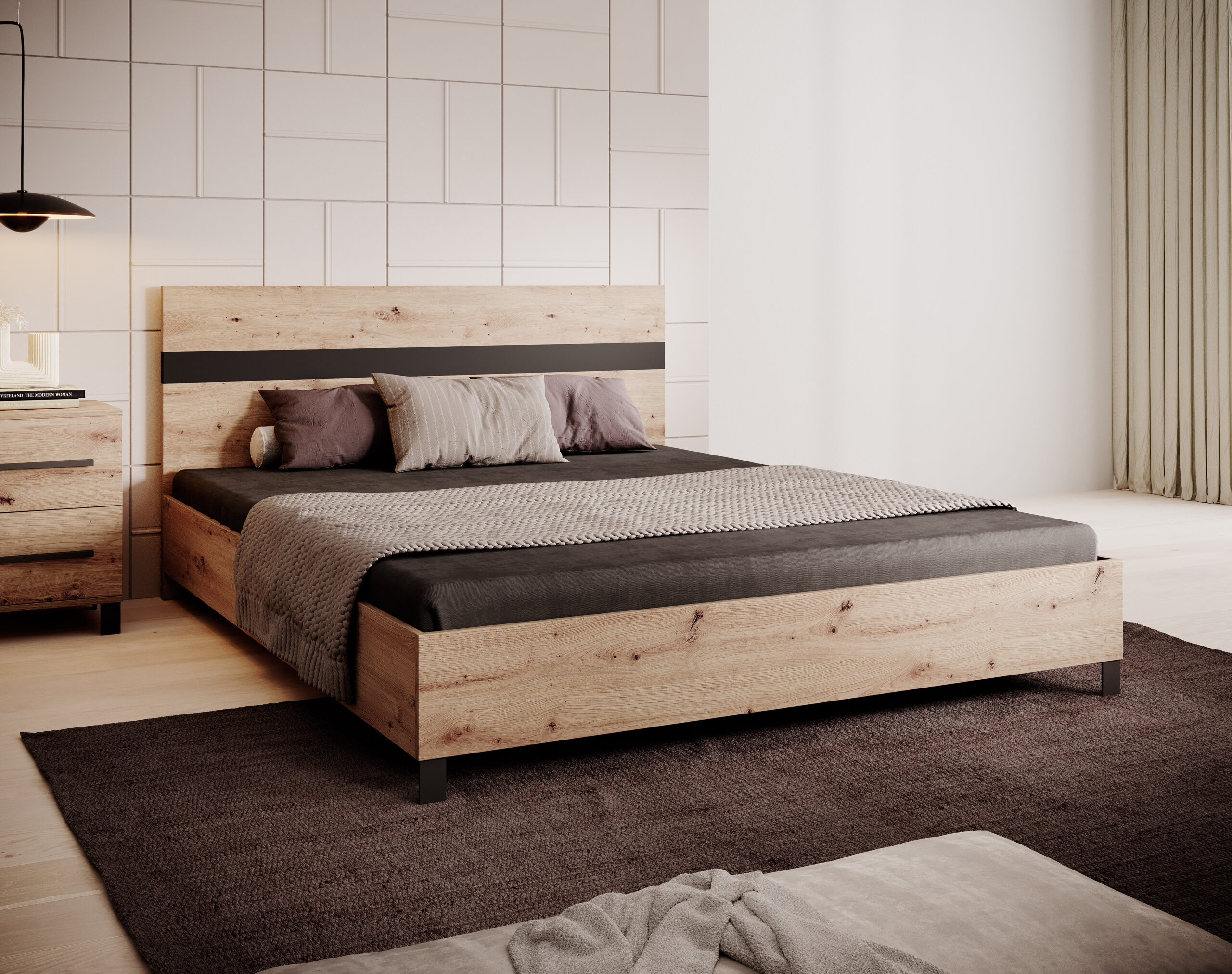 Hálószoba ágy tölgy hatású kivitelben, fekete csíkos fejvéggel és fekete lábakkal, modern stílusban