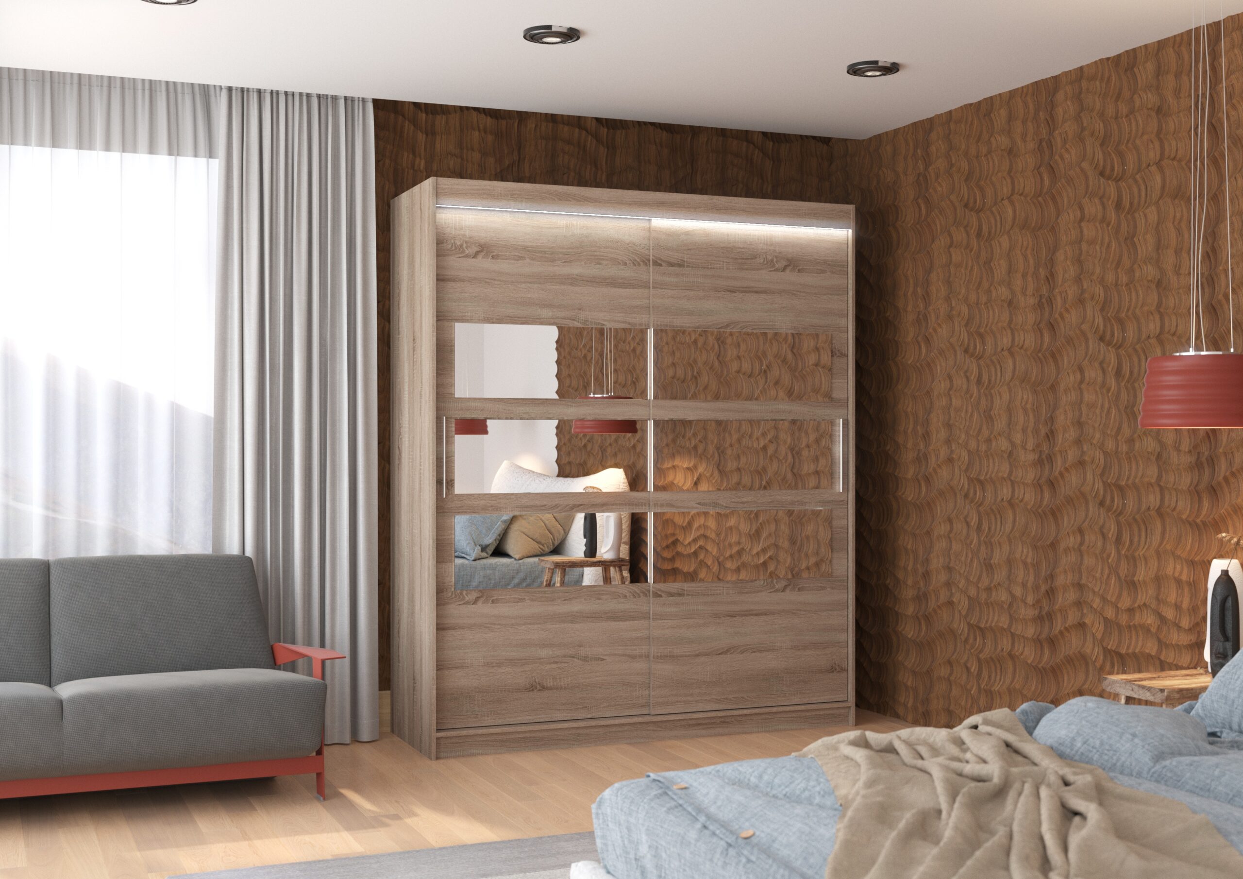 Tolóajtós gardrób Tükörrel és LED világítással ellátott tolóajtós szekrény TOLEDO 180 - Trüffel Tükörrel és LED világítással ellátott tolóajtós szekrény TOLEDO 180