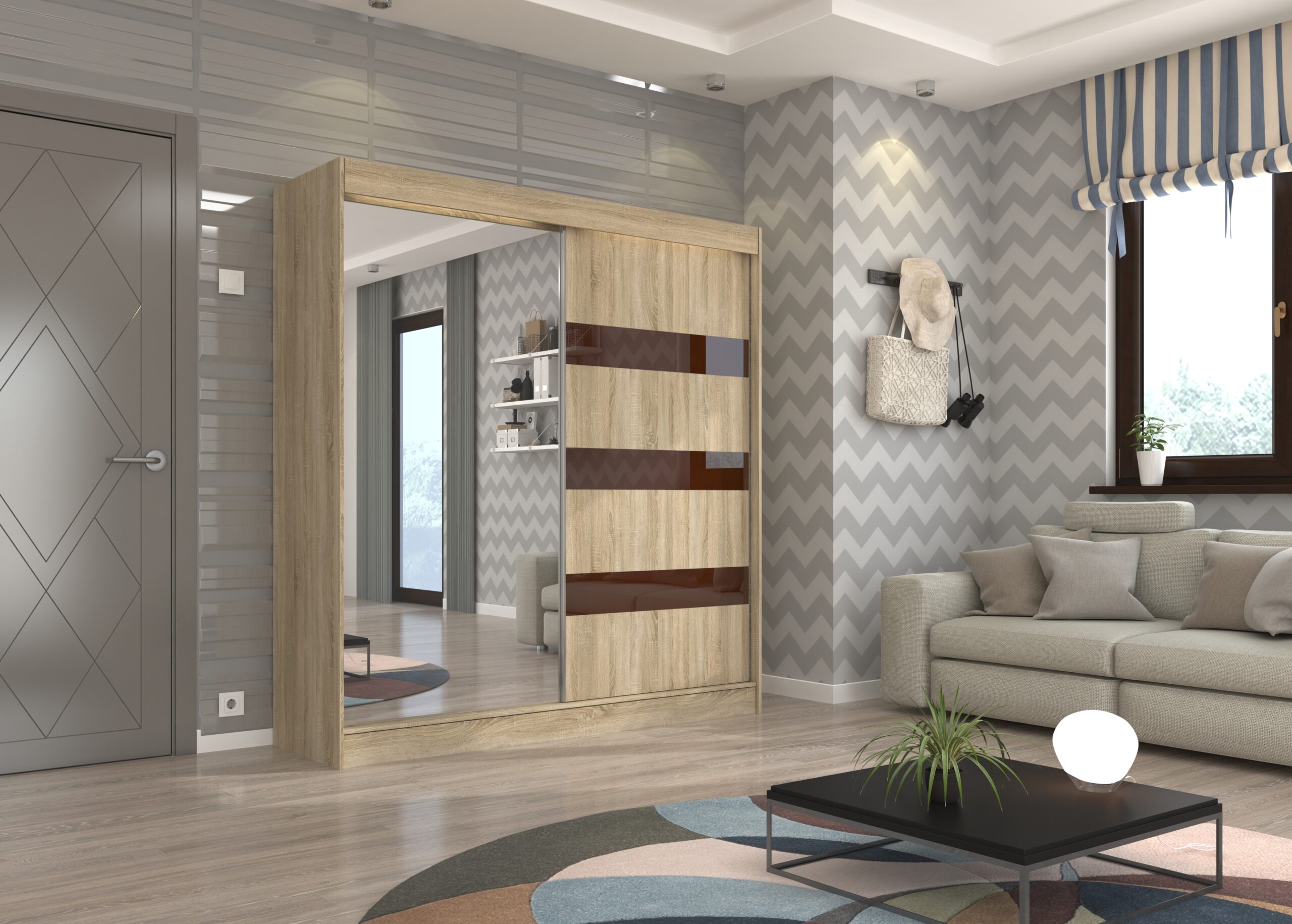 Tolóajtós gardrób Tolóajtós szekrény tükörrel és lacobellel TOURA 200 - Sonoma Tolóajtós szekrény tükörrel és lacobellel TOURA 200