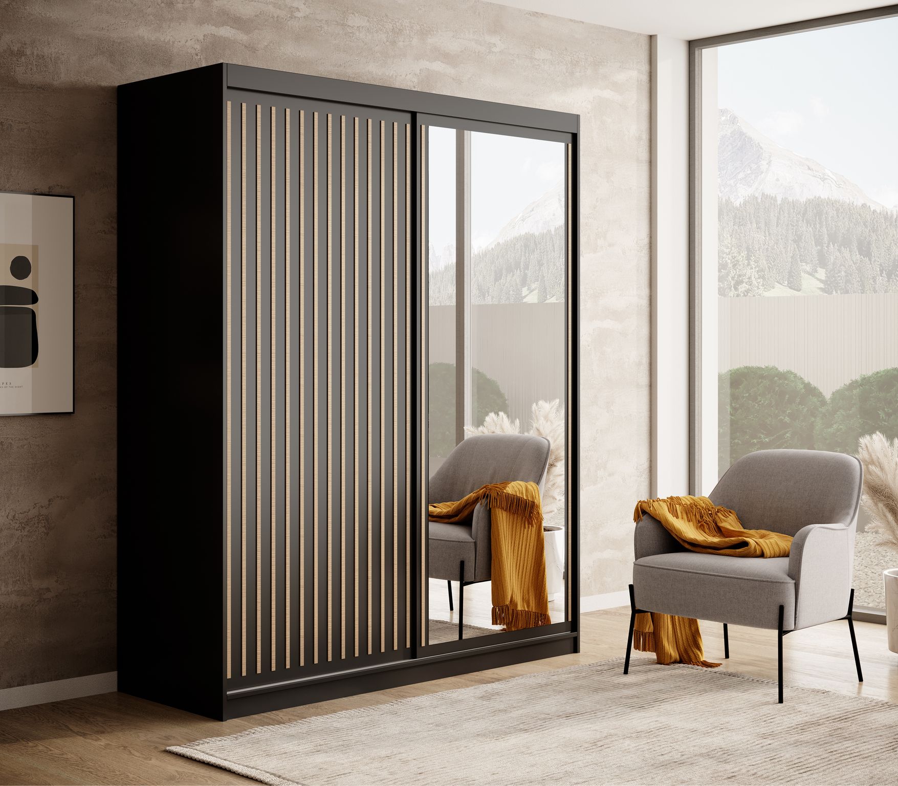 Fekete tolóajtós gardrób lamellás ajtóval és nagyméretű tükörpanellel