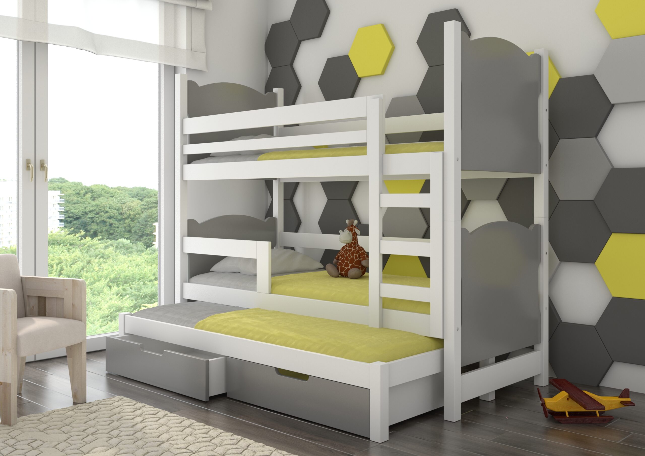 Gyerekágy Háromszemélyes emeletes ágy matracokkal LETICIA - Fehér Háromszemélyes emeletes ágy matracokkal LETICIA