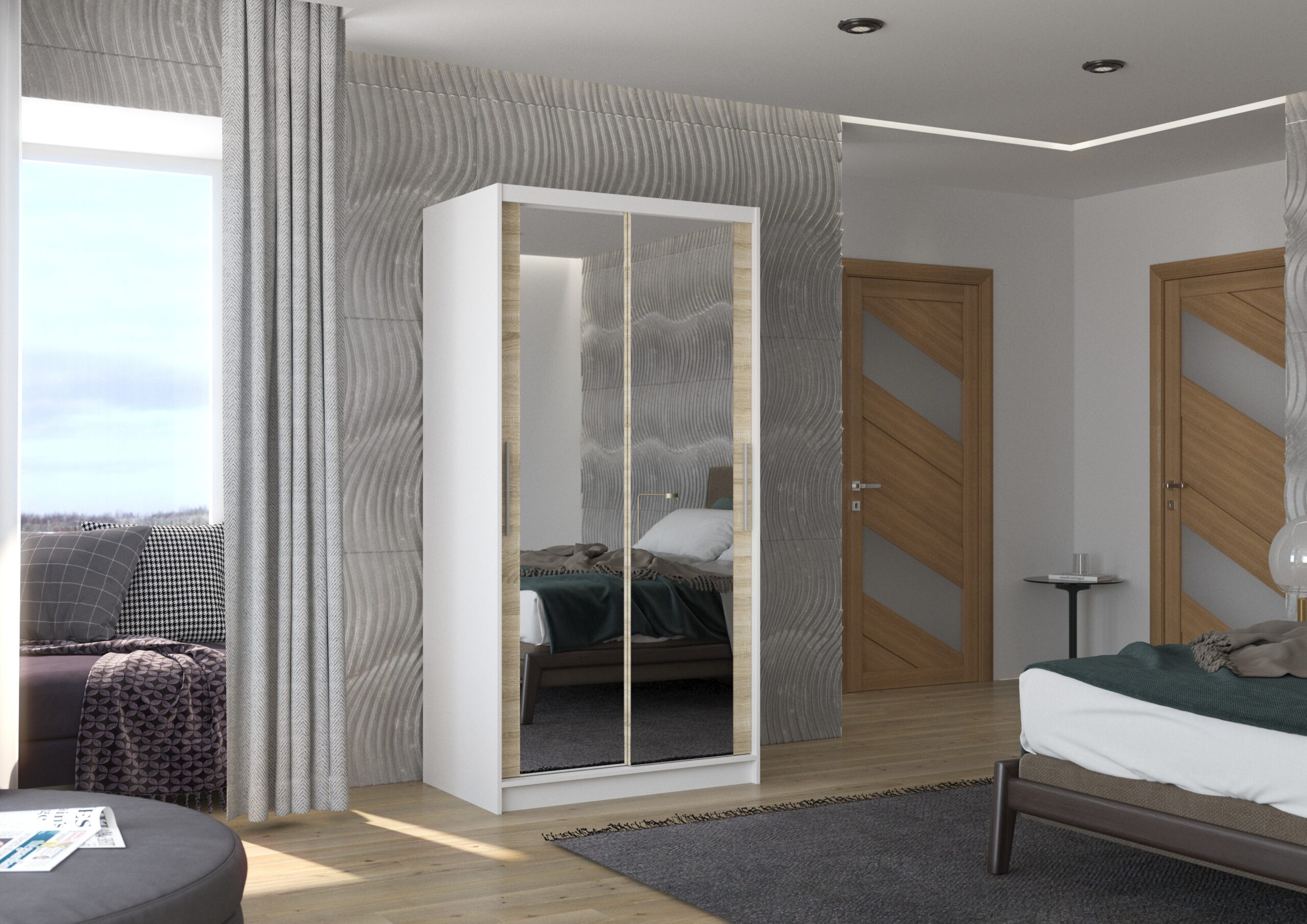 Tolóajtós gardrób Biztonsági tükrös tolóajtós szekrény NEVIO 100 - Fehér Biztonsági tükrös tolóajtós szekrény NEVIO 100