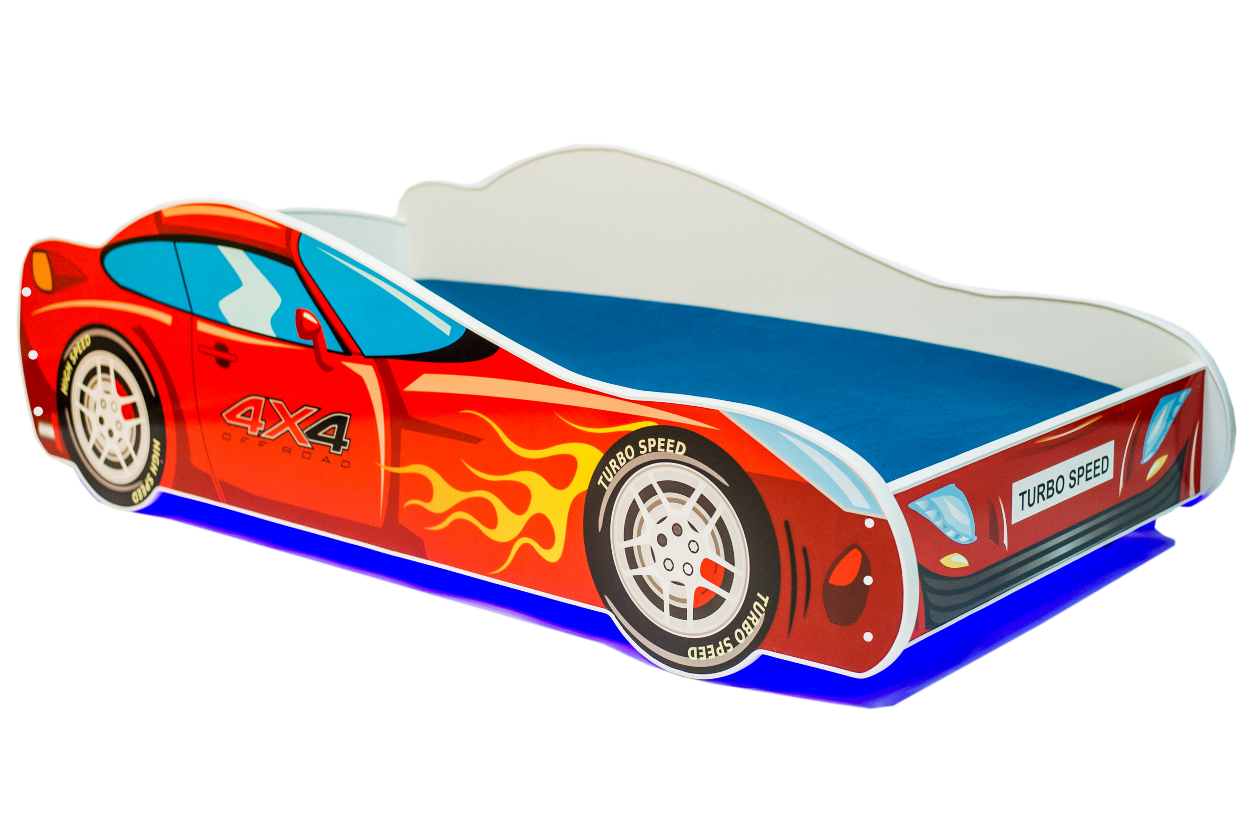 Gyerekágy LED AUTO 4x4 matraccal és világítással 140x70 ágy - Piros Piros