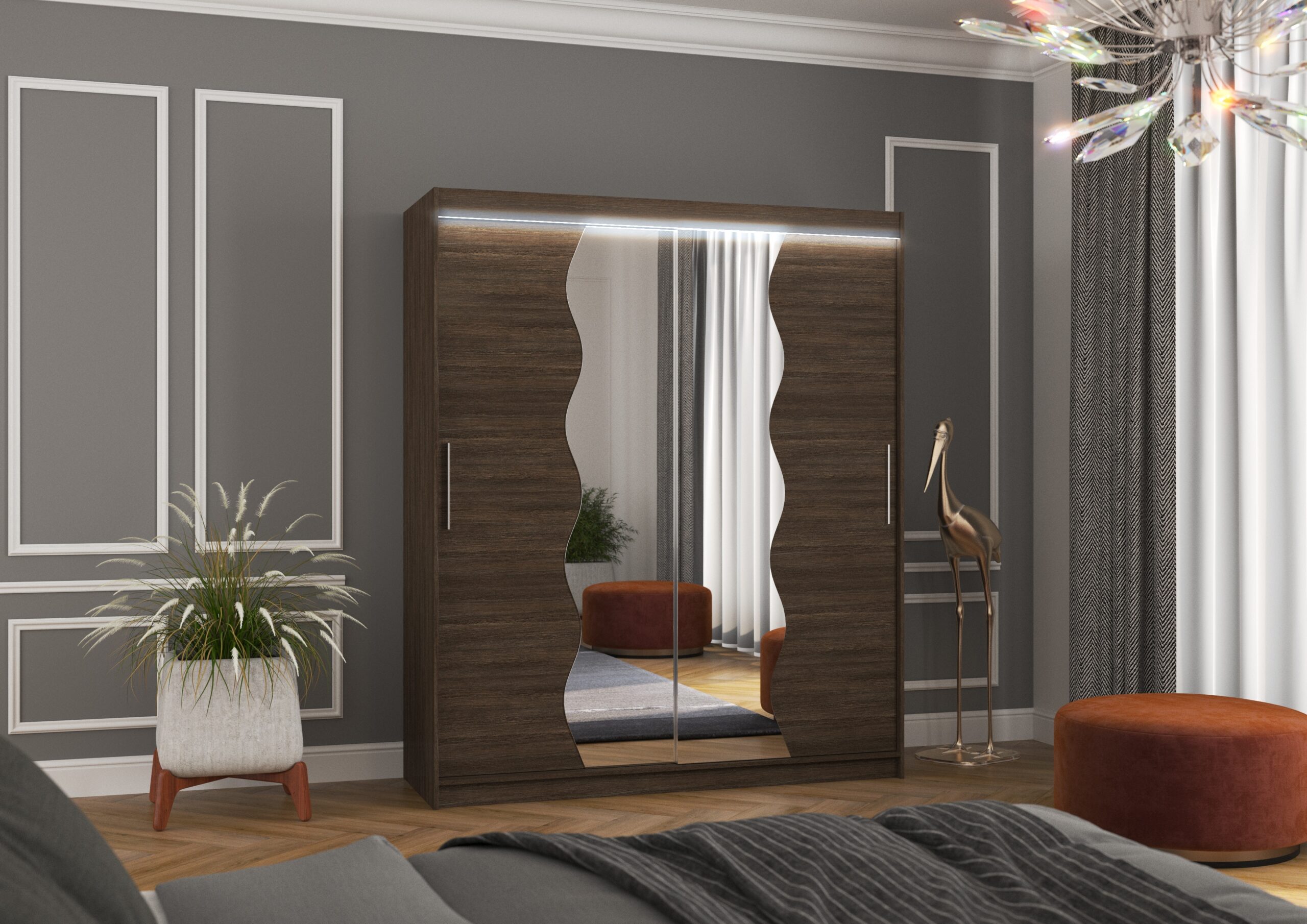 Tolóajtós gardrób Tolóajtós szekrény tükörrel és LED világítással KANSAS 180 - Csoki Tolóajtós szekrény tükörrel és LED világítással KANSAS 180