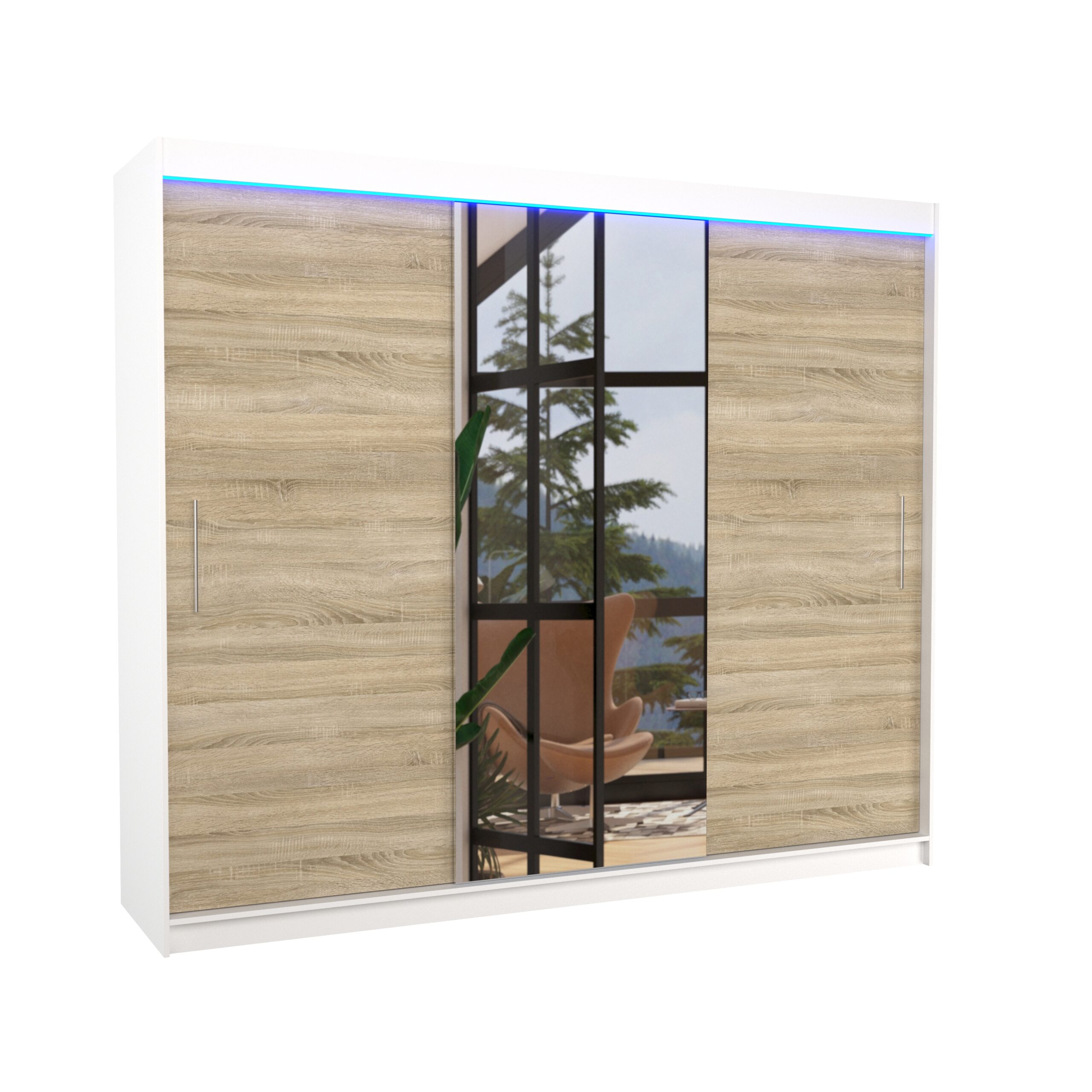 Tolóajtós gardrób Tolóajtós szekrény tükörrel és LED világítással DENIS 250 - Fehér Fehér