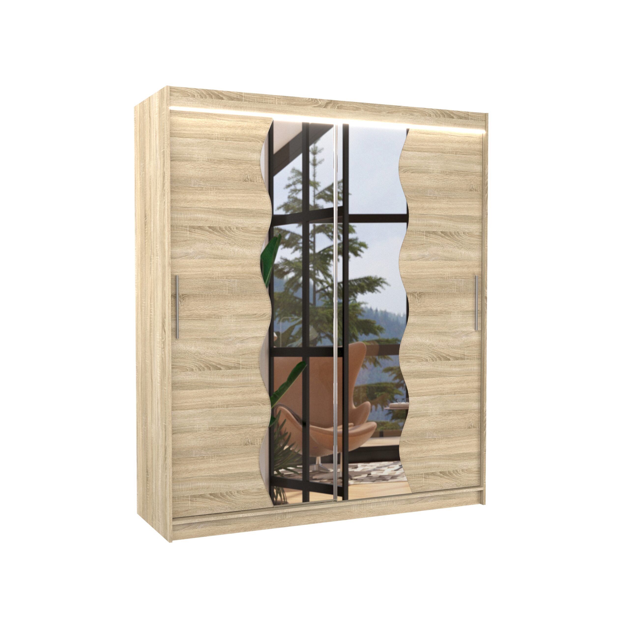 Tolóajtós gardrób Tolóajtós szekrény tükörrel és LED világítással KANSAS 180 - Sonoma Sonoma