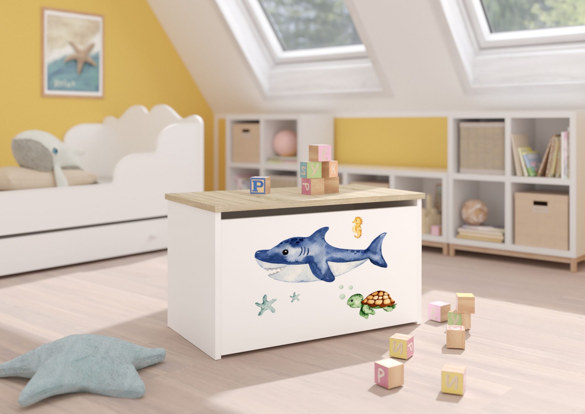 Gyerekszobai játék láda fa tetővel és cápás mintával